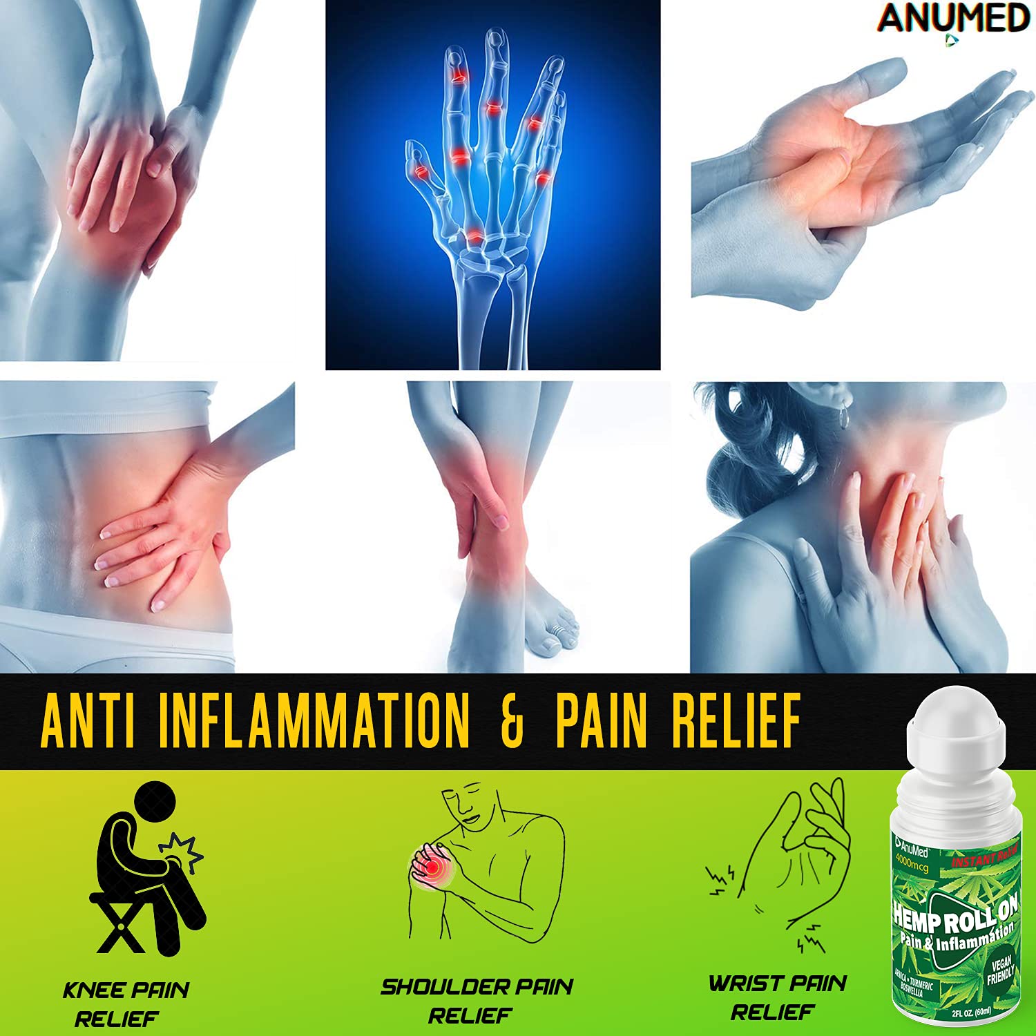 ANUMED Hemp Roll-On 4000mg Pain Relief. Fast Acting, Long Lasting, Maximum Strength with Arnica + Turmeric for Anti-Inflammatory, Natural Recovery, Joint, Muscle, Nerve Pain Reliever 2 Packs of (1oz) AnuMed International Au supplements