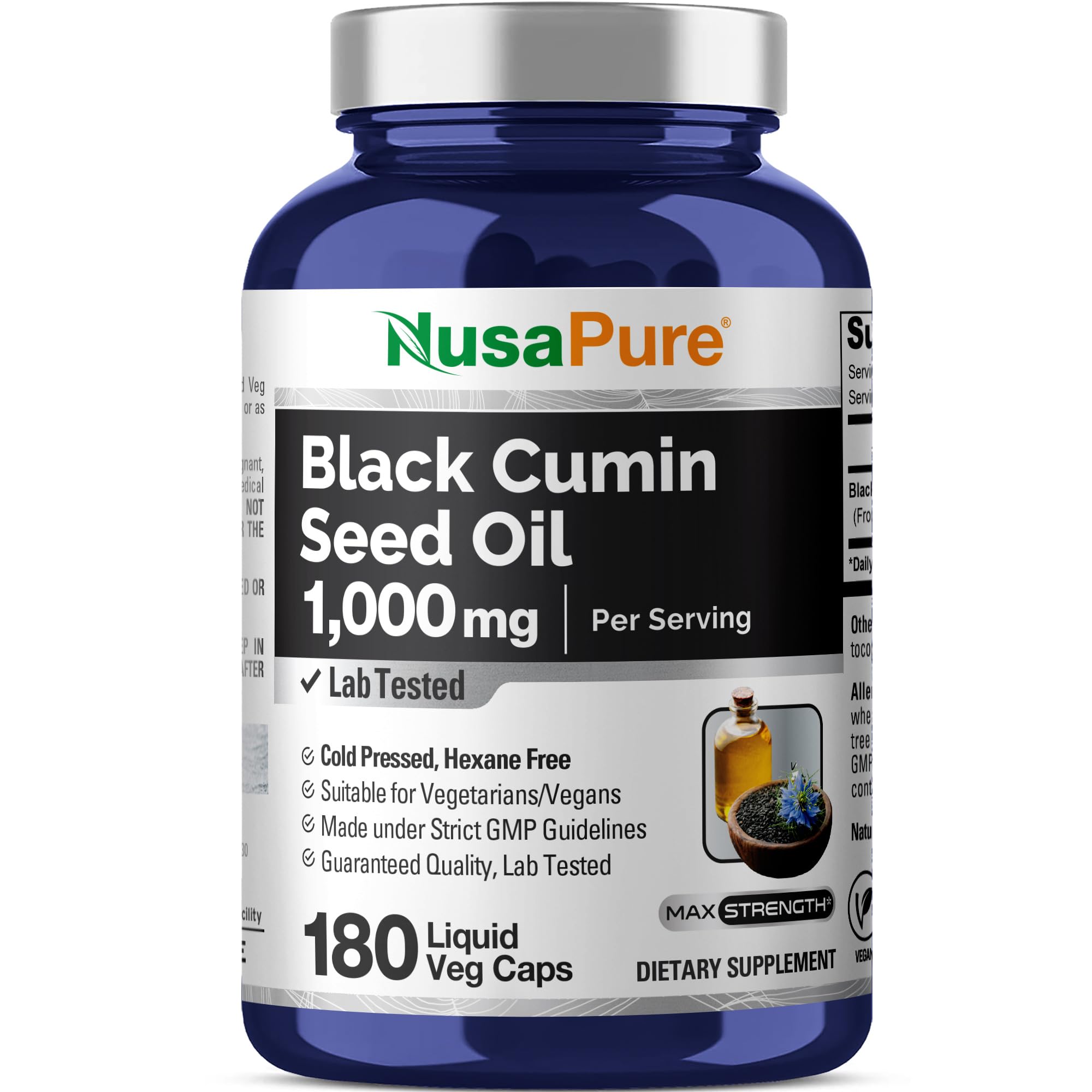 NusaPure Black Seed Oil 1,000 mg per Serving 180 Softgel Capsules (Non-GMO, Vegetarian & Vegan) Cold-Pressed Virgin Nigella Sativa. Hexane Free NusaPure Au supplements