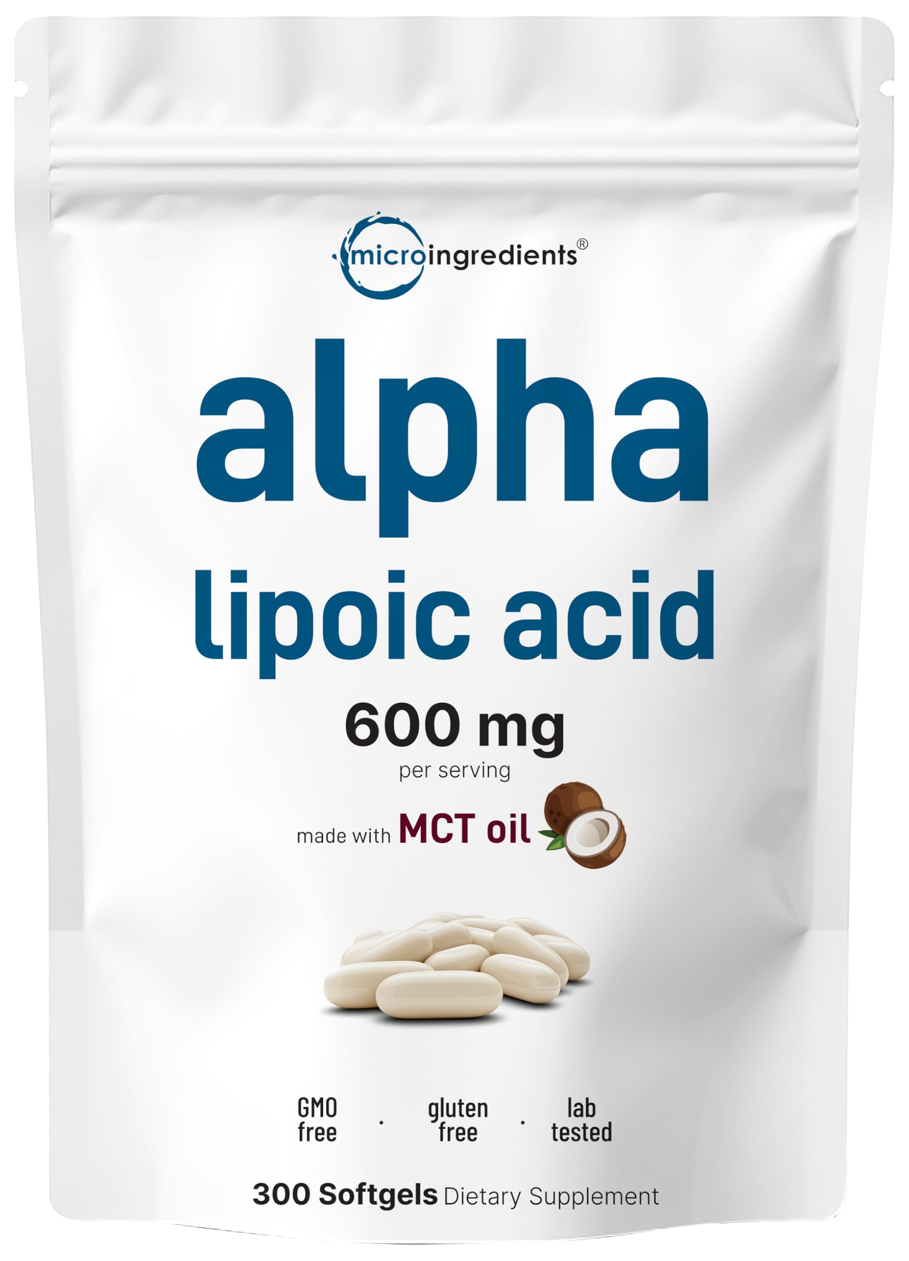 Micro Ingredients Alpha Lipoic Acid 600mg with MCT Oil, 300 Softgels | ALA Supplement for Liver, Antioxidants, Nerve, Cardiovascular Health Support