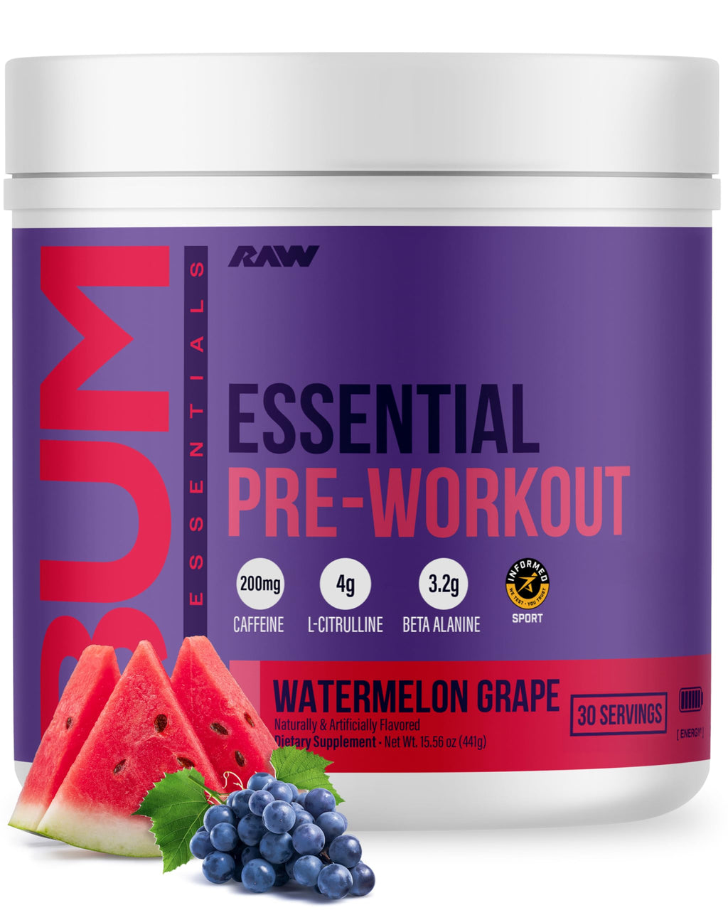 RAW Essential Pre-Workout Powder (Watermelon Grape) - Chris Bumstead Sports Nutrition Supplement for Men & Women - Preworkout Energy Powder with Caffeine, L-Citrulline,