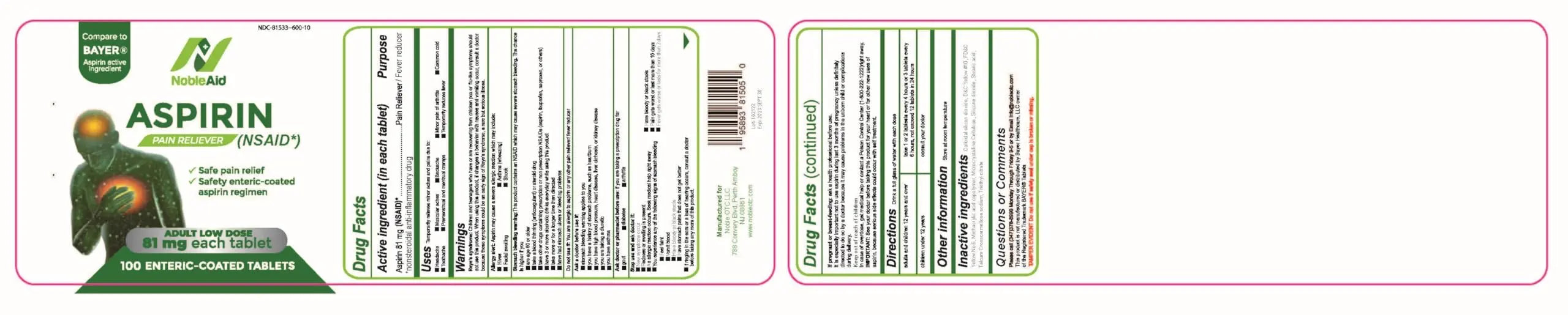 Pure Low Dose Baby Aspirin 81mg for Adults, 100 Count Enteric Coated Aspirin Tablets for Men and Women, Safe Relief for Symtoms Associated with Headache, Arthritis, Cramps NobleAid Au supplements