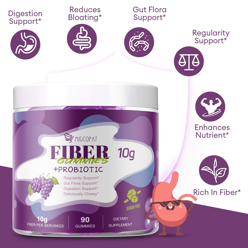 Migcopat 10G Fiber Gummies for Adults, No Sugar Added Grape Flavor, Fiber Supplement with 30 Billion CFU Probiotics Blend, ACV, Vitamin C,