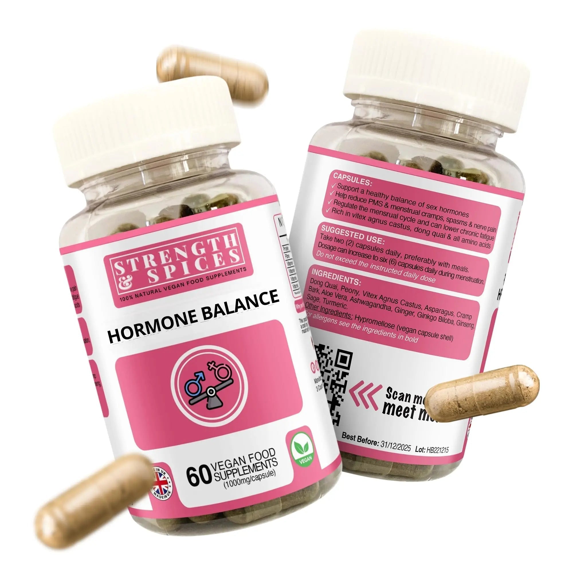 Strength & Spices Hormone Balance 100% Natural Estrogen Supplement – 12 Ingredients w Dong Quai - 60 Vegan UK Made 1000mg Capsules – Fertility and Menstrual Comfort STRENGTH & SPICES100% Natural Vegan Food Supplements Au supplements