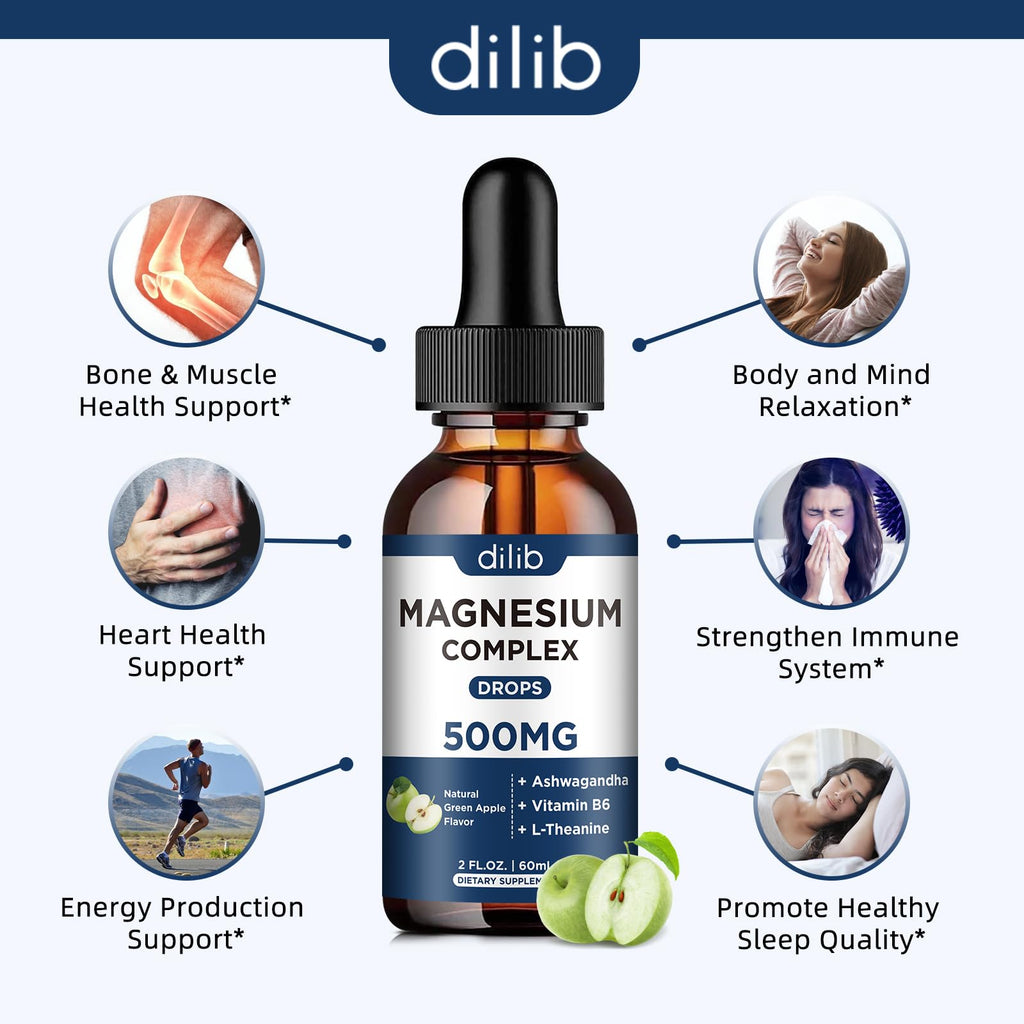 Triple Magnesium Complex Supplement-Magnesium Glycinate, Citrate, Malate Liquid Drops 500mg with Ashwagandha, L-Theanine, B6 for Calm, Stress Relief, Sleep, Muscle Support-Green Apple Flavor dilib Au supplements