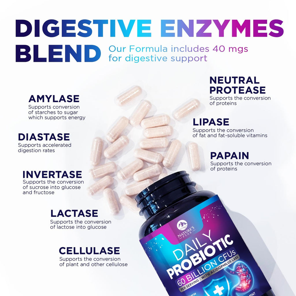 Probiotics 60 Billion CFU - 10 Strains + Digestive Enzymes & Prebiotics - Best Probiotic for Women & Men, Supports Immune, Gut Health, Occasional Constipation, Diarrhea, Gas & Bloating - 60 Capsules Nature's Peak Au supplements