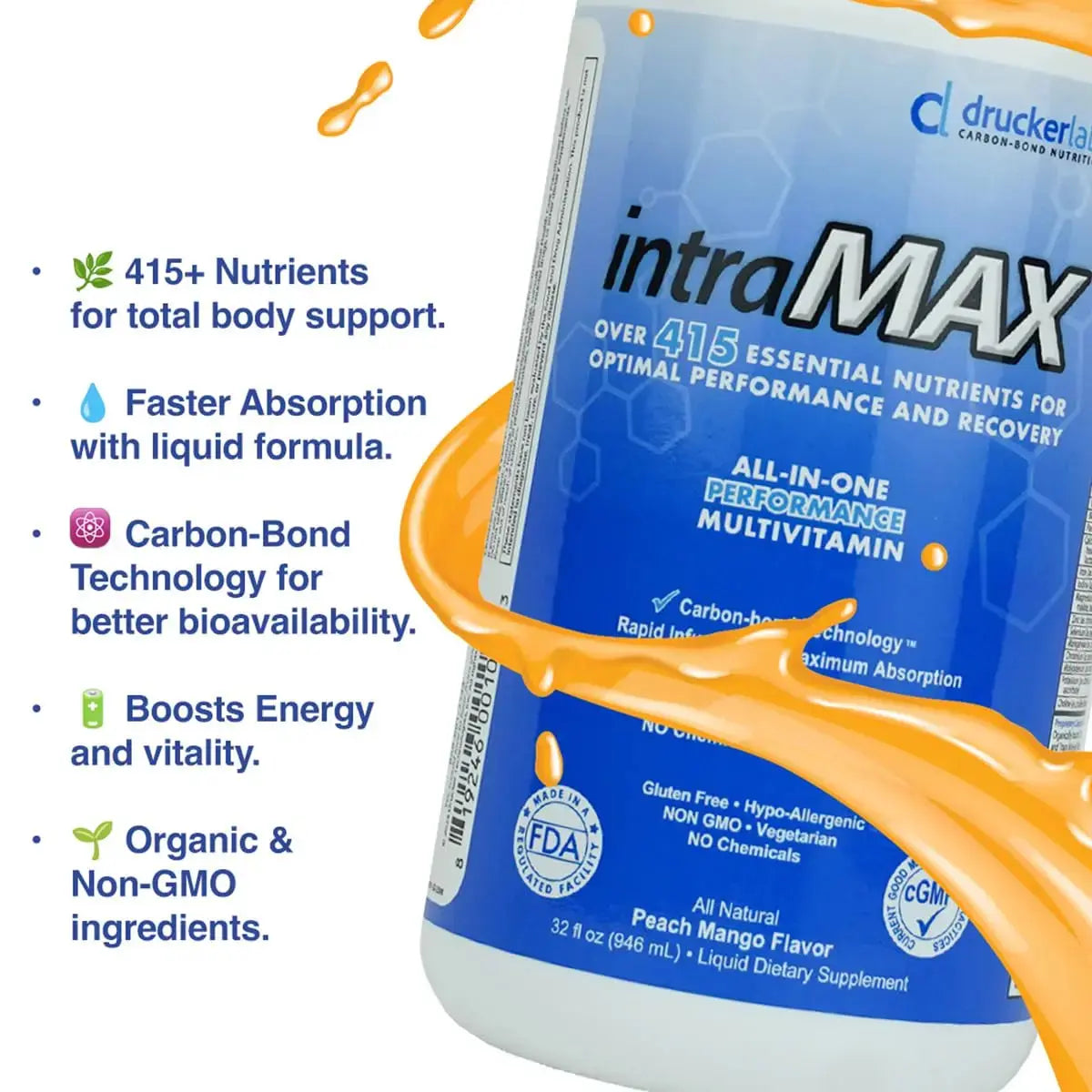 Drucker Labs - intraMAX Organic Liquid Multivitamin, Non GMO, Dairy Free, Gluten Free, Magnesium, Vitamin D, C and E, Zinc (32 oz., Peach Mango) Drucker Labs Au supplements