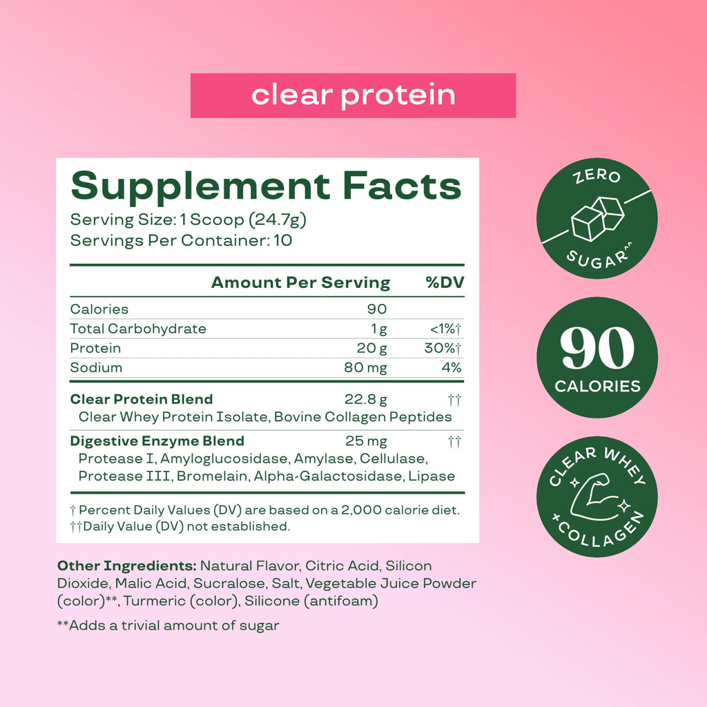 Bloom Clear Protein, Whey Protein Isolate with Collagen Peptides and Digestive Enzymes, 20g Protein, Sugar Free Post Workout Drink Mix, 90 Calories,