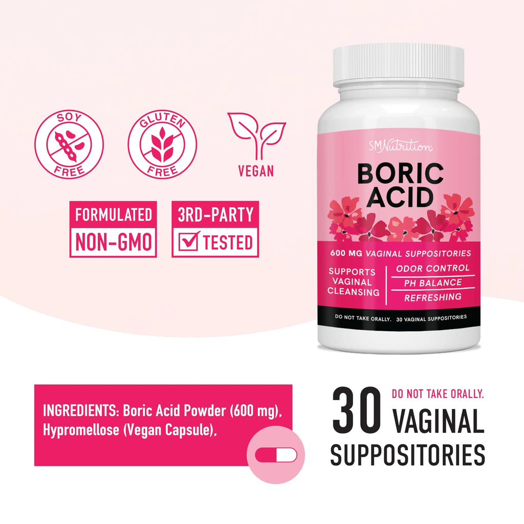 Boric Acid Suppositories for Women | 600mg | for pH Balance, Vaginal Odor & Itching | Feminine Hygiene SMNutrition Au supplements