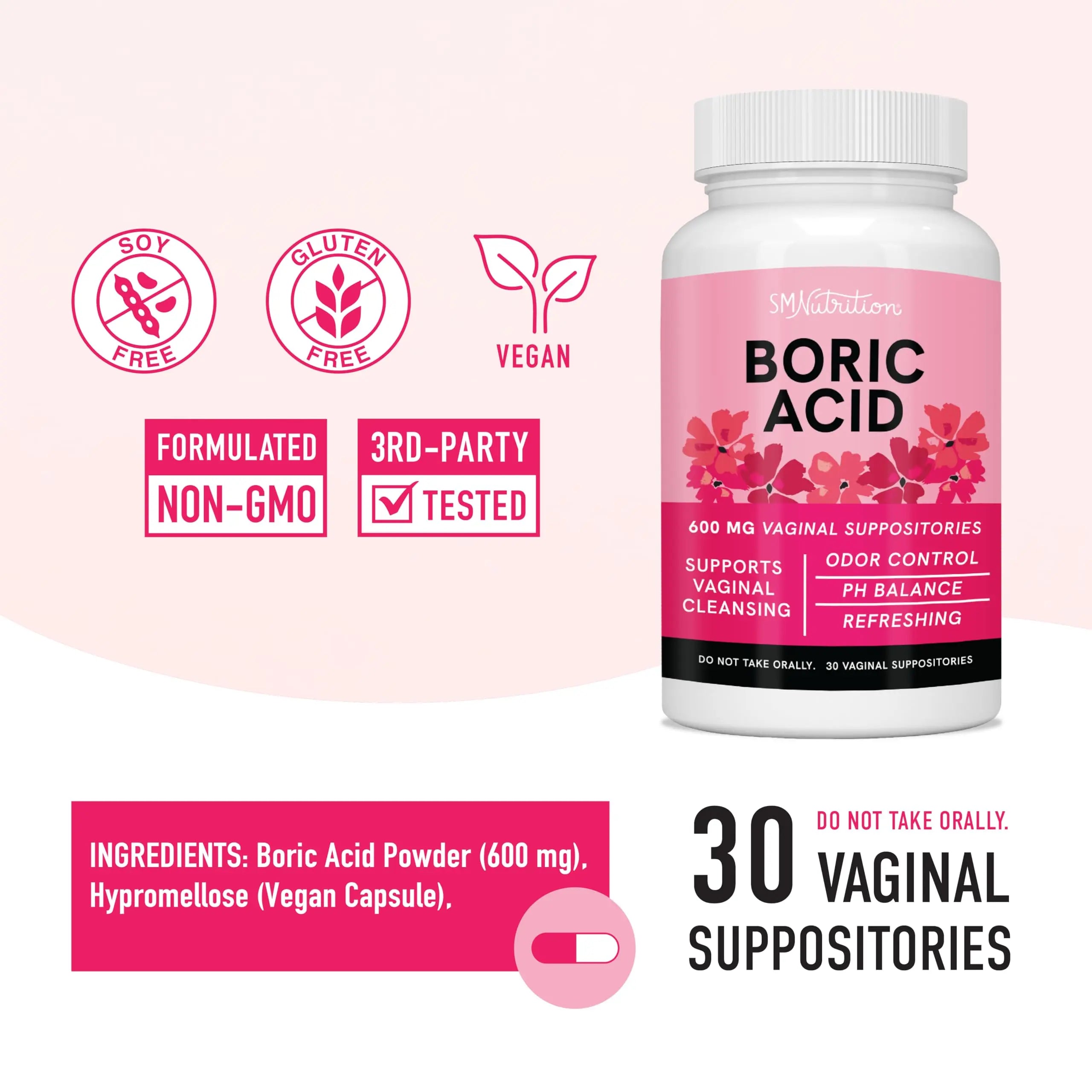 Boric Acid Suppositories for Women | 600mg | for pH Balance, Vaginal Odor & Itching | Feminine Hygiene SMNutrition Au supplements