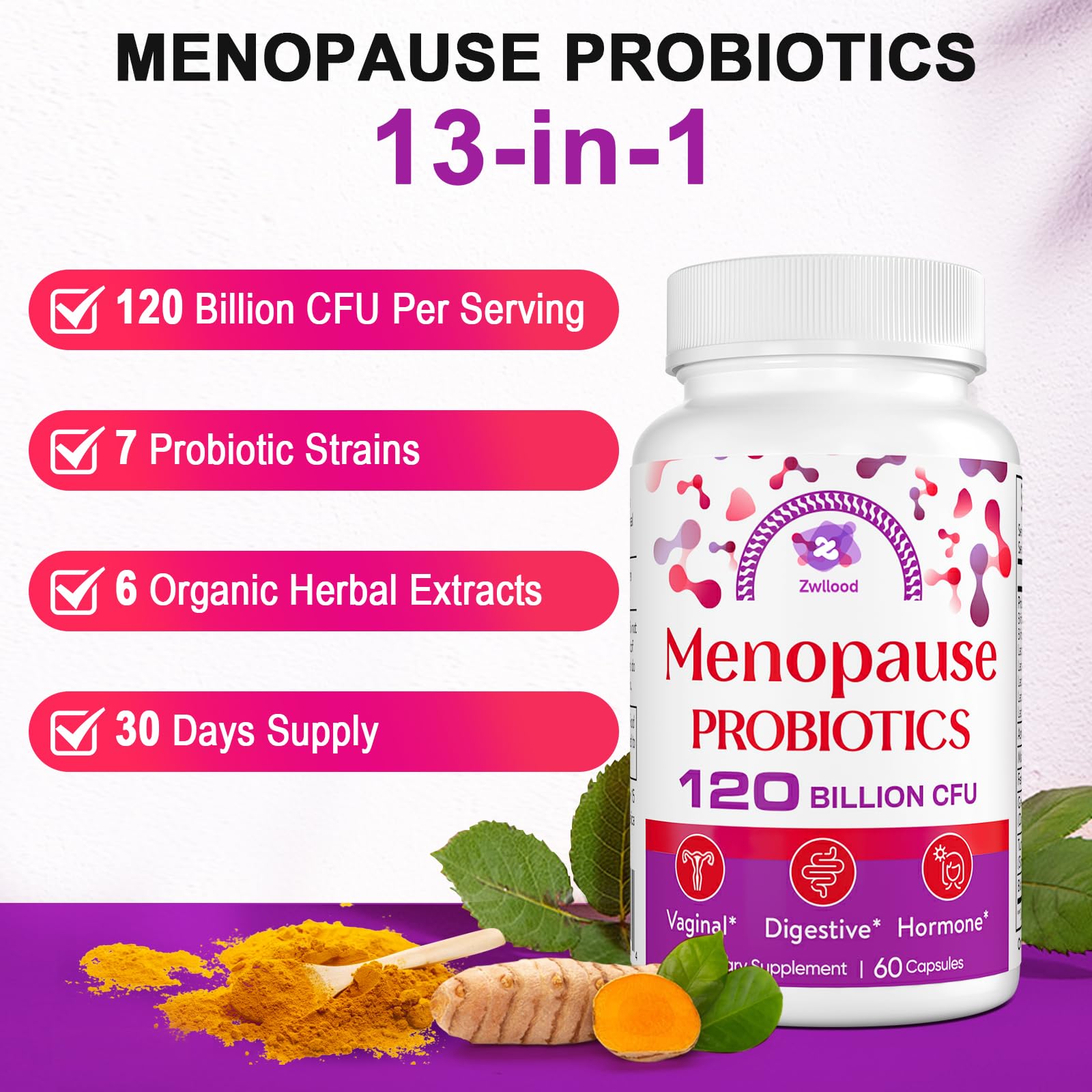 Menopause Supplements for Women, 120 Billion CFU Menopause Probiotics for Women, All-Natural Probiotic for Hot Flashes Menopause, Night Sweats, Mood Swings, Gut and Hormone - 60 Herbal Capsules Zwllood Au supplements