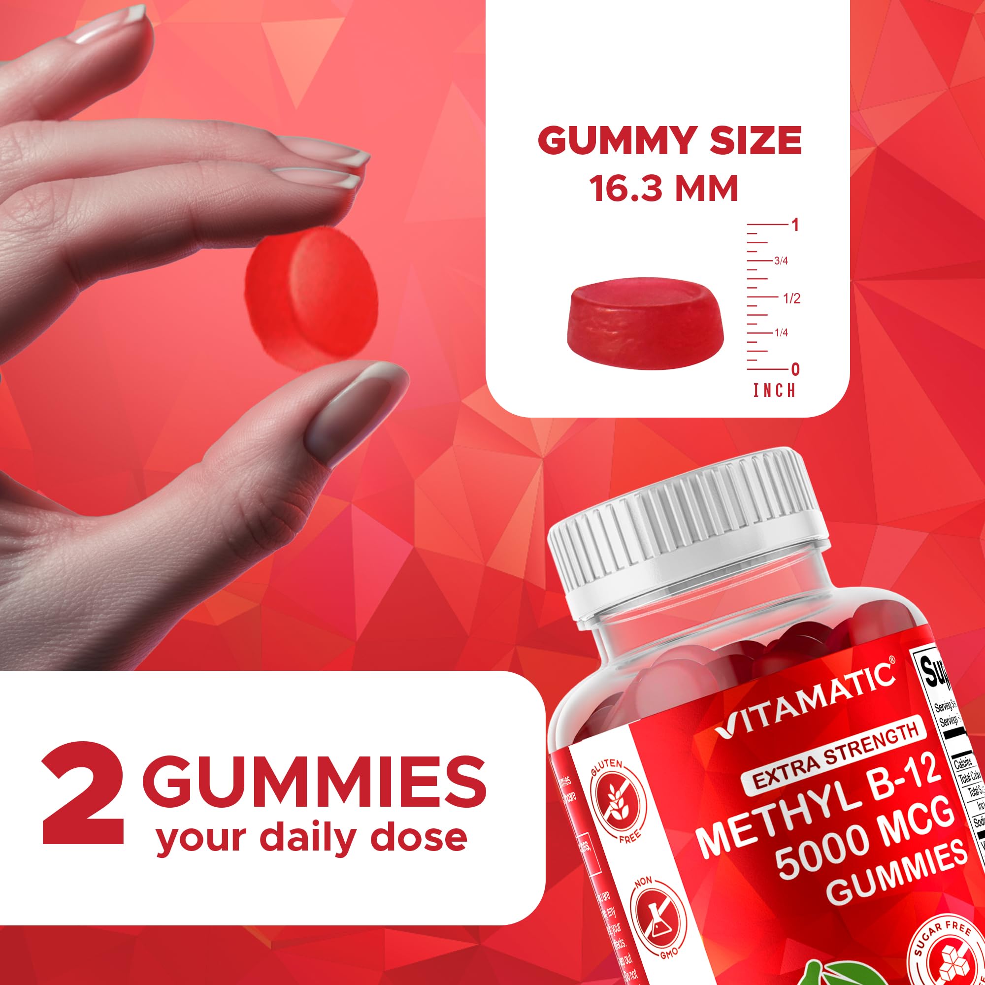Vitamatic Extra Strength Vitamin B12 5000 mcg (Methyl B12) Gummies - 120 Count - Energy Metabolism Support and Nervous