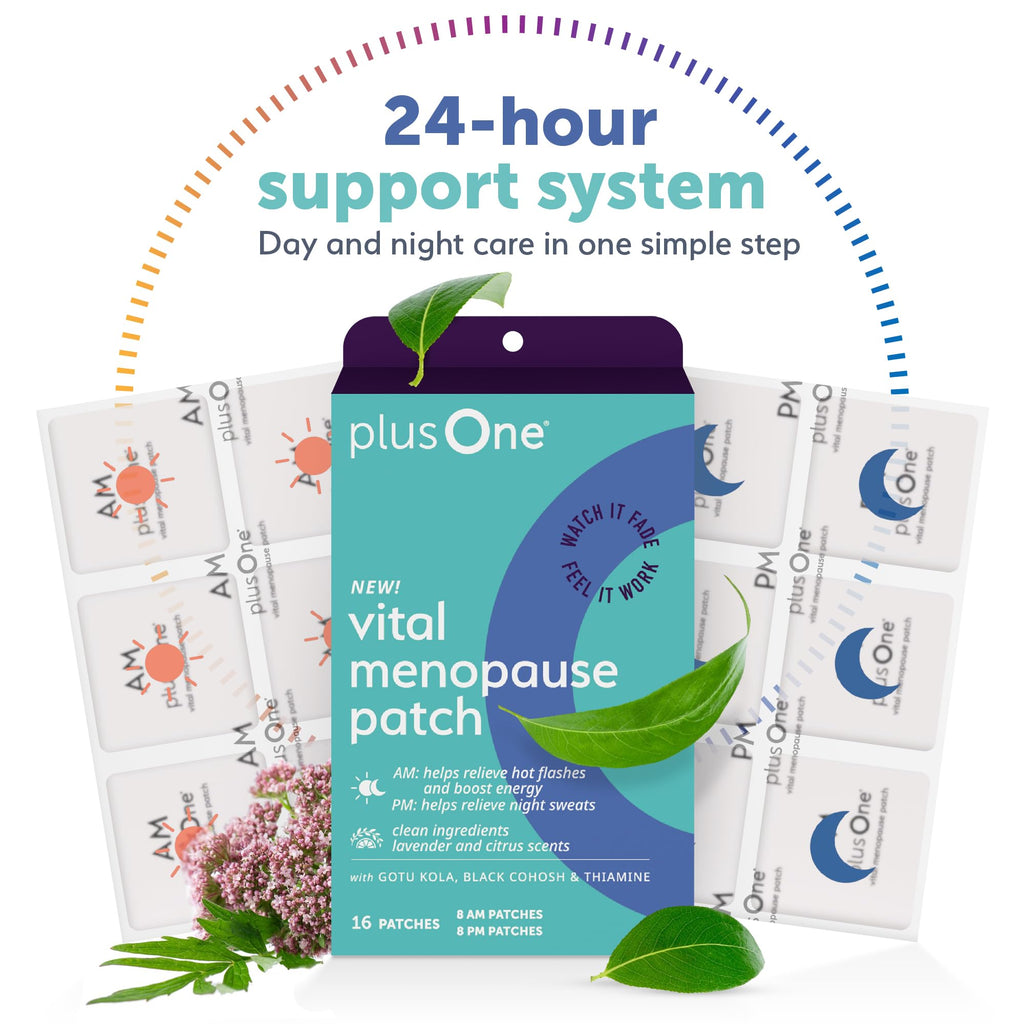 plusOne Vital Menopause Patches AM & PM – Hot Flash & Night Sweat Support – Promotes Energy & Sleep – Herbal Arjuna Daily Patches – 16ct plusOne Au supplements