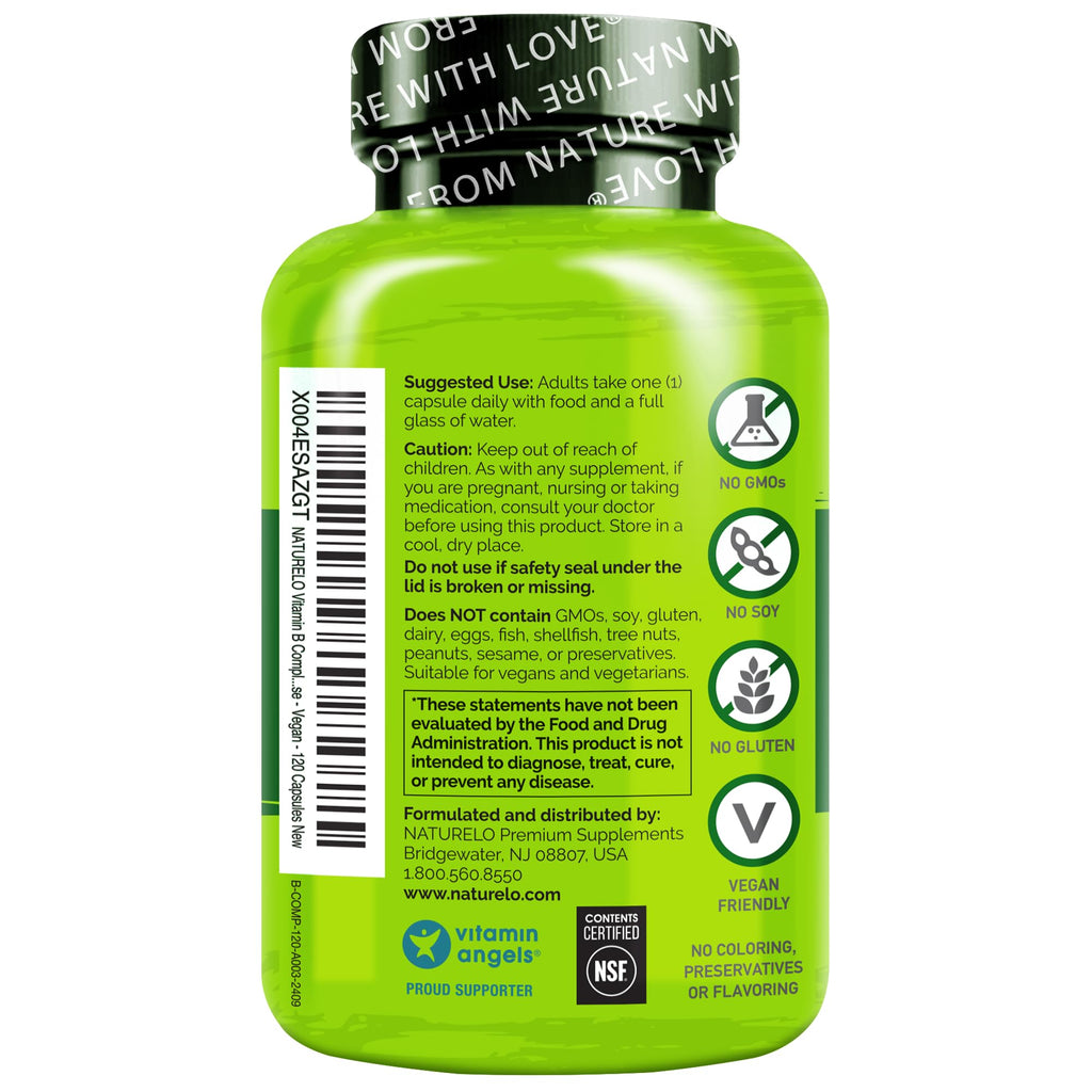 NATURELO Vitamin B Complex,120 Capsules, Vegan, CoQ10, Methyl Folate, Biotin, Fruit & Veg Blend, Supports Energy and Healthy Stress Response