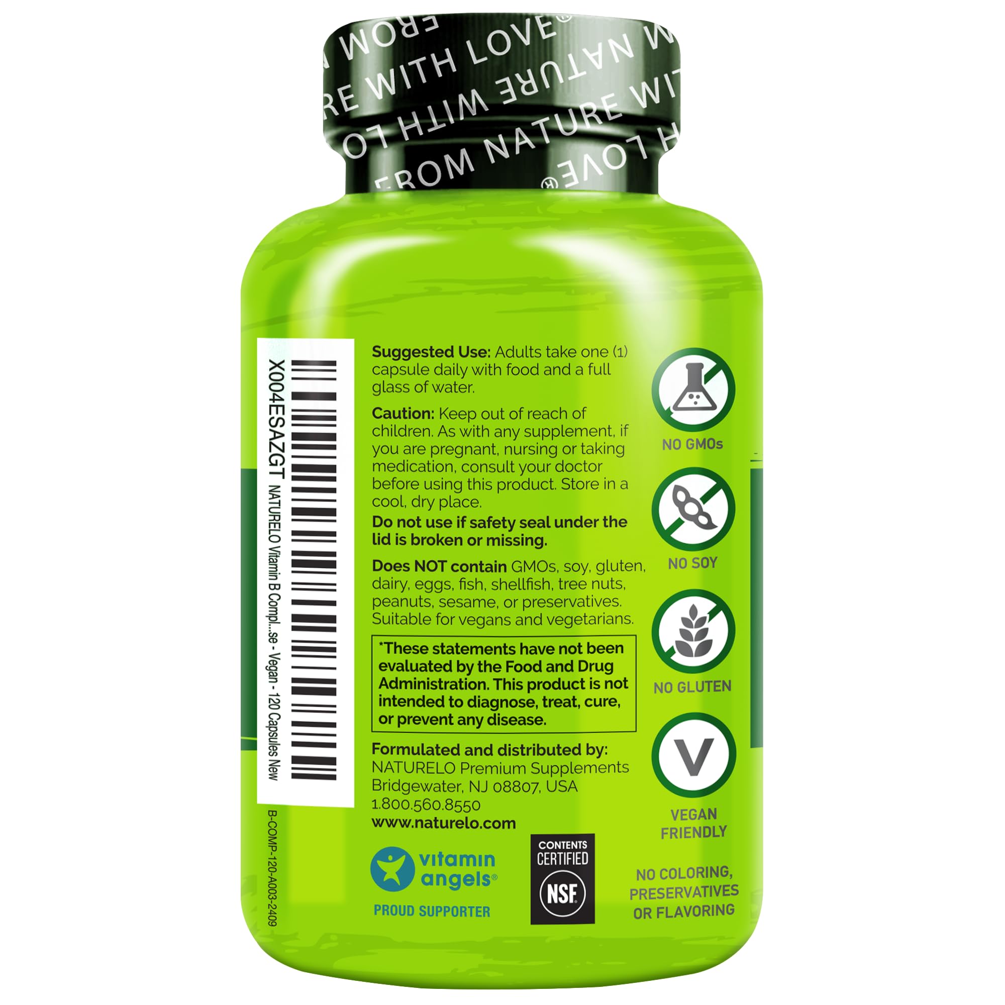 NATURELO Vitamin B Complex,120 Capsules, Vegan, CoQ10, Methyl Folate, Biotin, Fruit & Veg Blend, Supports Energy and Healthy Stress Response