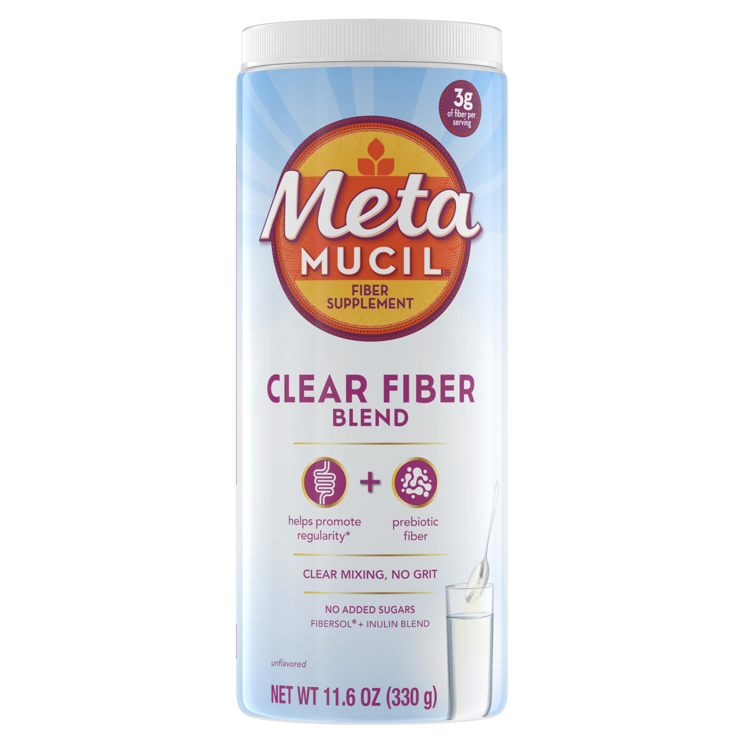 Metamucil Fiber Supplement, Unflavored Clear Mixing Powder, No Grit, No Sugar Added, Plant Based Prebiotic Fiber Supplement