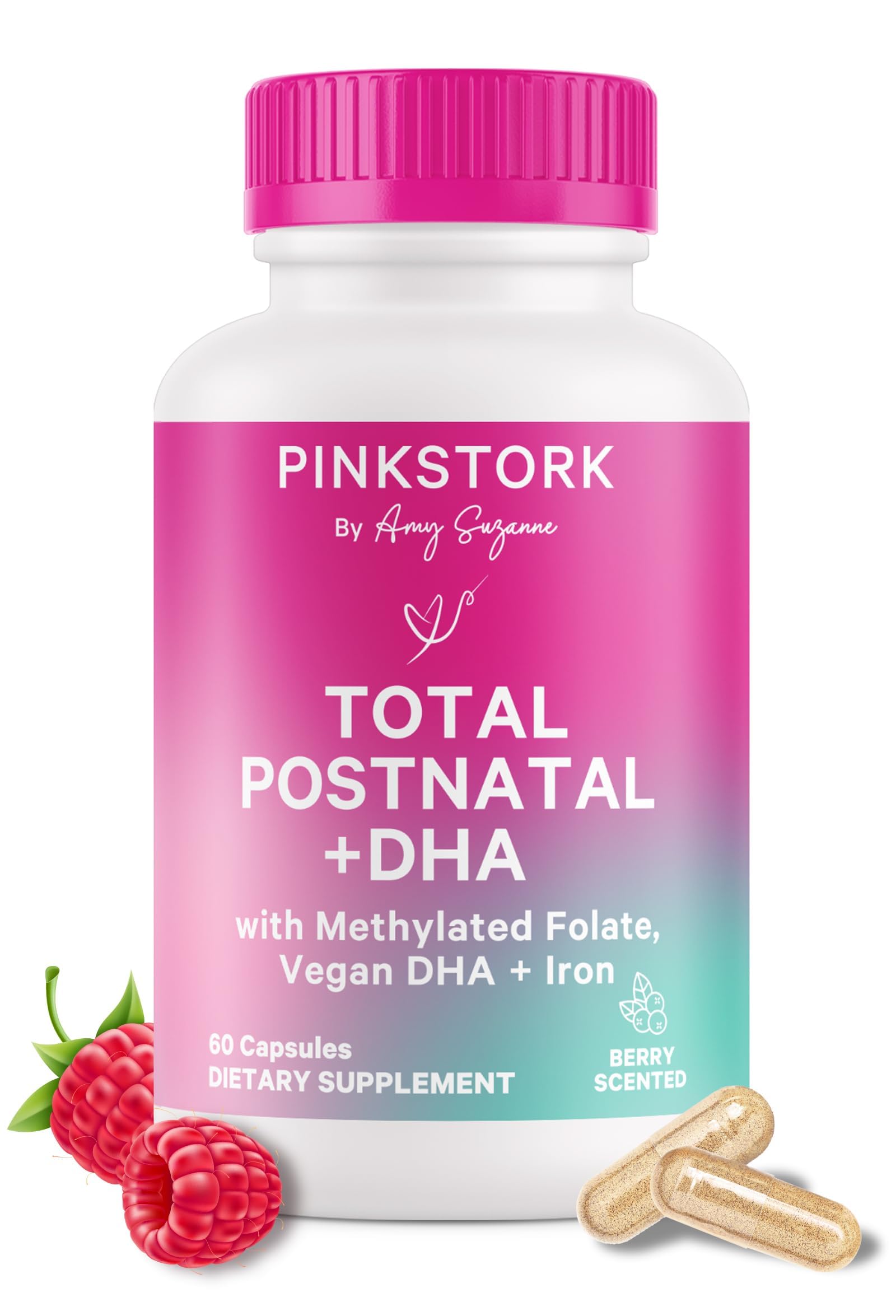 Pink Stork Total Postnatal Vitamins for Women | Vegan DHA, Iron, Folate, B12 | Postpartum Recovery Essentials | Lactation Support for Breastfeeding Moms