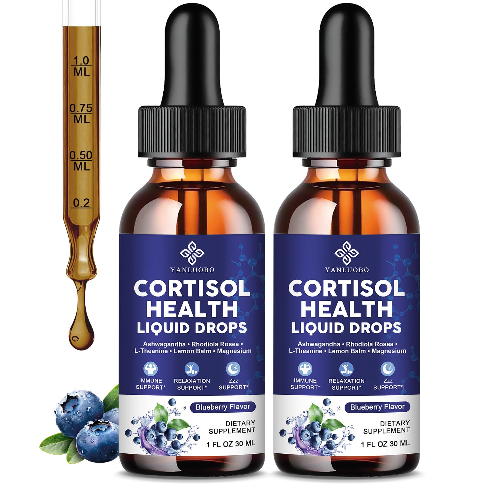 Cortisol Supplements for Women - Cortisol Manager Liquid Drops with Magnesium, Ashwagandha & Rhodiola rosea, L-theanine - Promotes Relaxation & Better Sleep, Mood, Blueberry Flavors, 1FL.OZ(2PC) YANLUOBO Au supplements