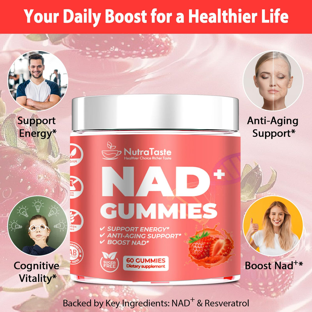 NUTRATASTE HEALTHIER CHOICE RICHER TASTE NAD⁺ Gummies Supplement for Anti-Aging, Energy & Focus Boost | Resveratrol, Nicotinamide Riboside | Strawberry Flavor, Vegan, Sugar-Free,60 Count (Pack of 1) NUTRATASTE HEALTHIER CHOICE RICHER TASTE Au supplements