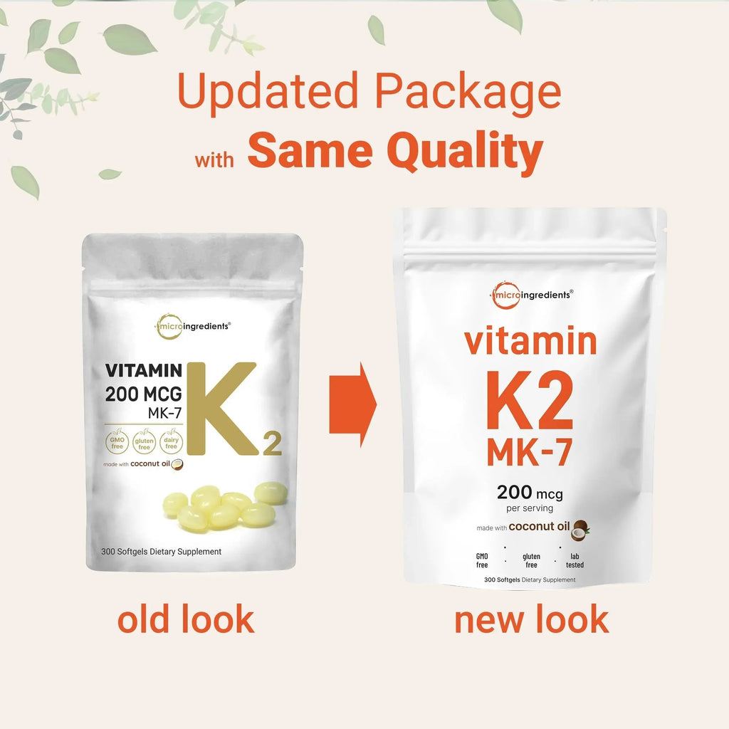 Micro Ingredients Vitamin K2 MK-7 Supplement, 200 mcg Per Serving, 300 Coconut Oil Softgles | Easily Absorbed, Active Menaquinone Form | Micro Ingredients Au supplements