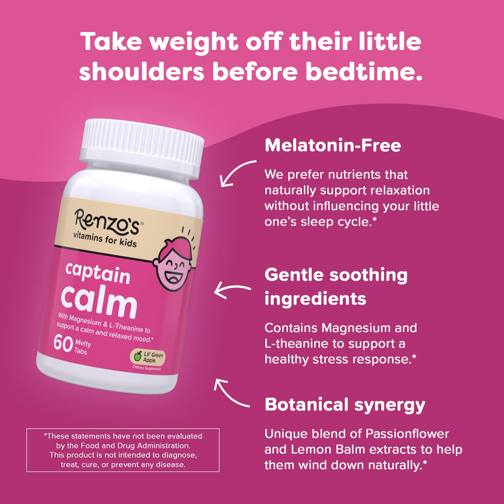Renzo's Captain Calm Kids Magnesium Supplement with L-Theanine, Dissolvable Kids Vitamins for Relaxation and Mood Support, Sugar-Free Melty Tabs,