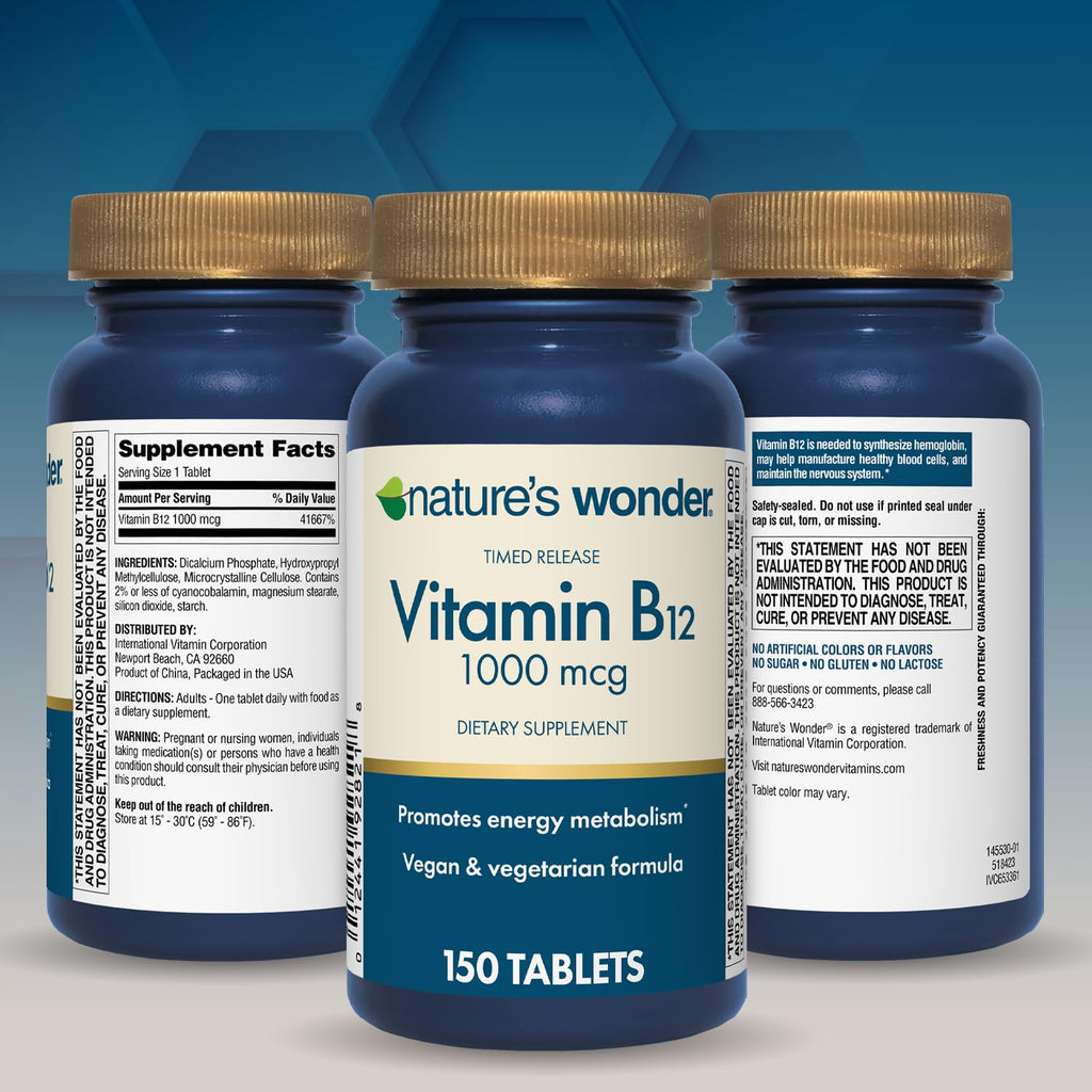 Nature's Wonder Vitamin B12 1000 mcg Timed Release Tablets for Energy Metabolism, Supports Brain Health and Nervous System Health