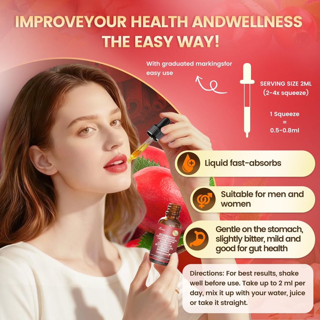 14-in-1 Berberine with Ceylon Cinnamon Supplement Liquid Drops, 1800mg + 30:1 Liposomal Tech with Cayenne Pepper, Soursop, Chromium, Bitter Melon, Turmeric, Moringa, Gymnema