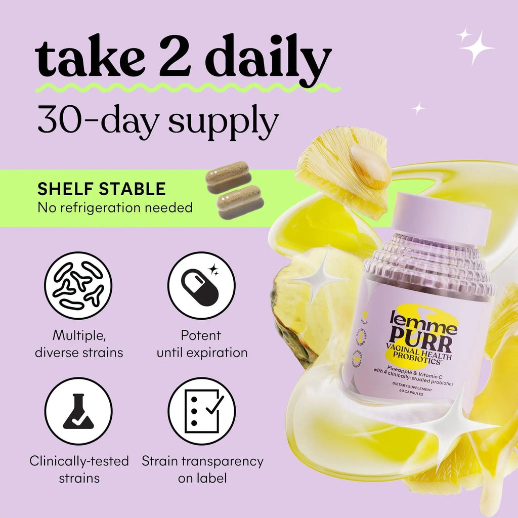 Lemme Purr Vaginal Probiotics for Women - Promotes pH Balance, Healthy Vaginal Odor & Urinary Tract Health w/Lactobacillus Blend, Clinically Tested Strains, Pineapple & Vitamin C - 60 Veggie Capsules Lemme Au supplements