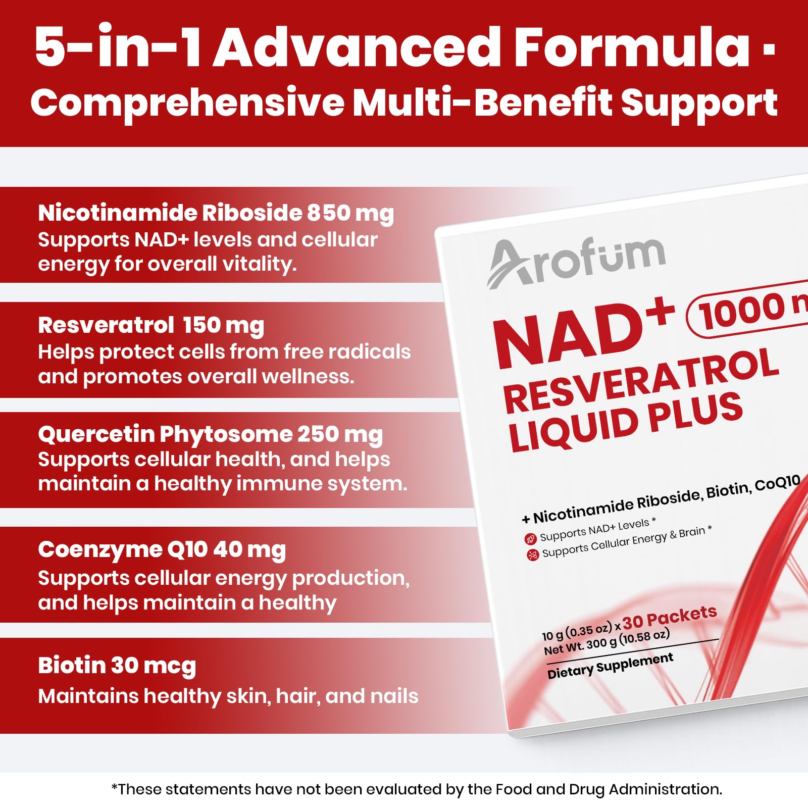 Arofum NAD+ Liquid Supplement 1000mg | 850mg Nicotinamide Riboside with Resveratrol, Quercetin, CoQ10 & Biotin | Cellular Energy, DNA Repair, Healthy Aging | NAD Supplements for Women & Men 30 Packets Arofum Au supplements