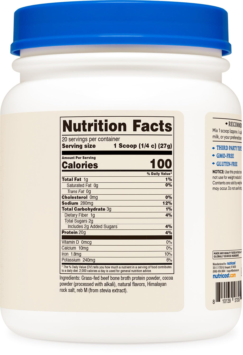 Nutricost Beef Bone Broth Protein Powder Chocolate (20 Servings) - Gluten-Free, GMO-Free