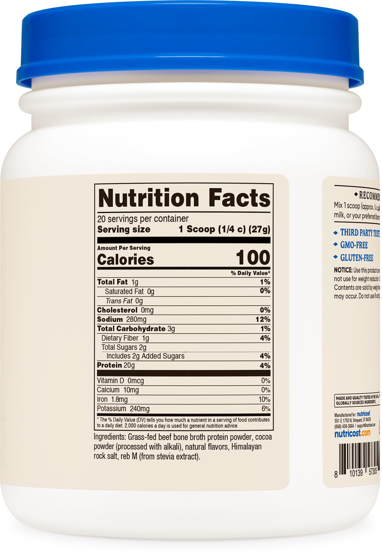 Nutricost Beef Bone Broth Protein Powder Chocolate (20 Servings) - Gluten-Free, GMO-Free