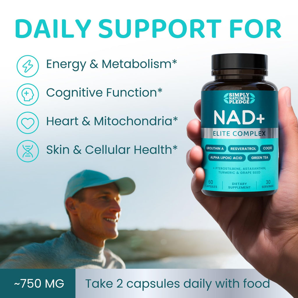 NAD+ Elite Complex – Direct NAD+ 300 mg with Urolithin A, Resveratrol, CoQ10 & Antioxidant Blend – Cellular Energy, Mitochondrial Support & Healthy Aging – Vegan, Non-GMO, 60 Capsules (30 Servings) Simply Nature's Pledge Au supplements
