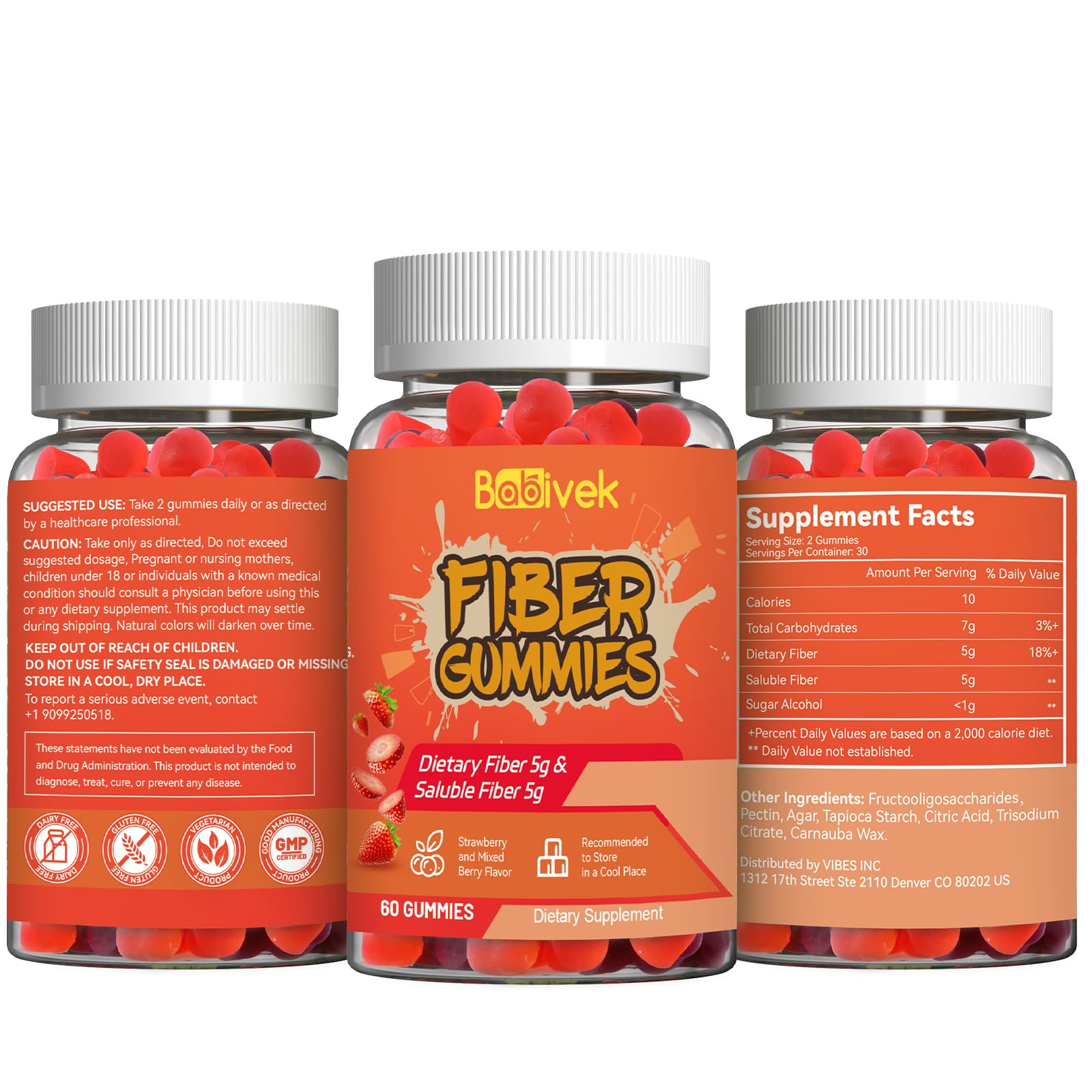 Babivek Fiber Gummies for Women and Men – Dietary Fiber, Gut Health Support, Vegan, Non-GMO, Non-Gluten, Mixed Berry & Strawberry Flavors, 60 Count(Pack of 2)