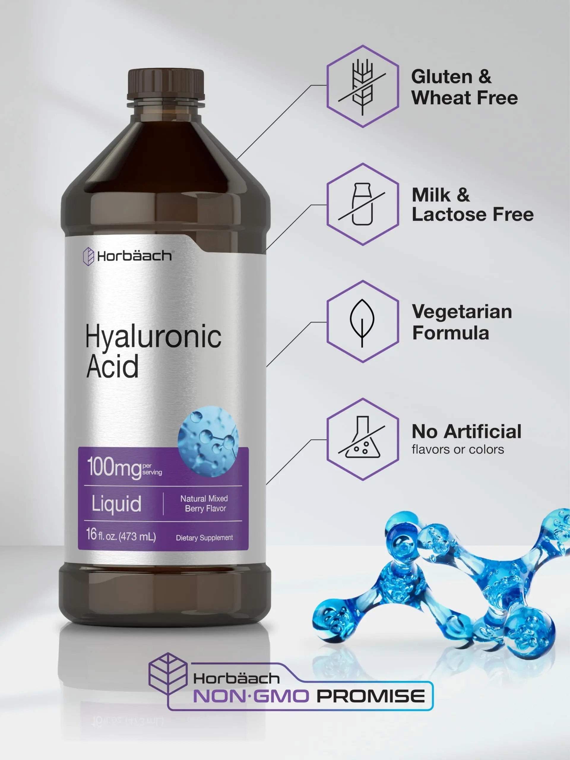 Liquid Hyaluronic Acid Supplement | 100 mg | 16 oz | Mixed Berry Flavor | Non-GMO Horbäach Au supplements