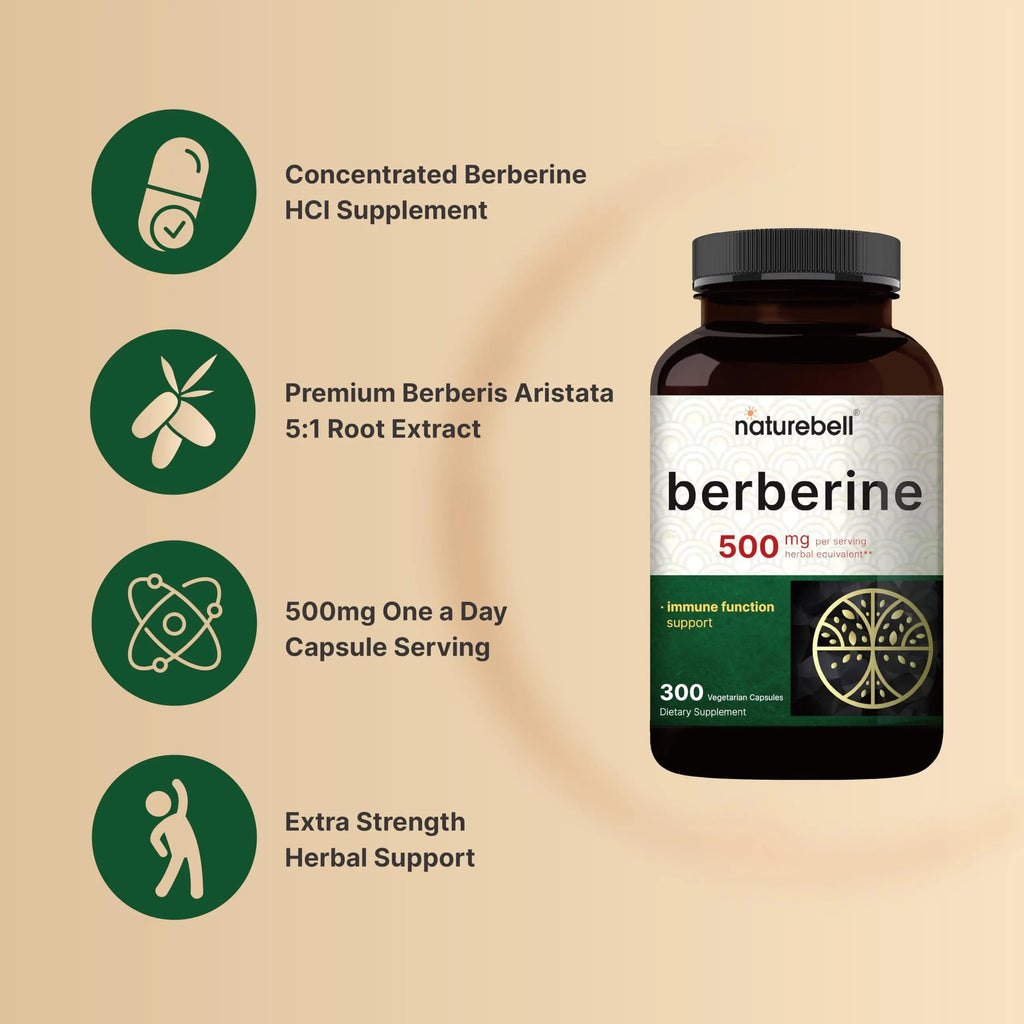 Berberine Supplement 500mg | 300 Veggie Capsules, 97% Pure Berberine HCL – 5:1 Root NatureBell Au supplements