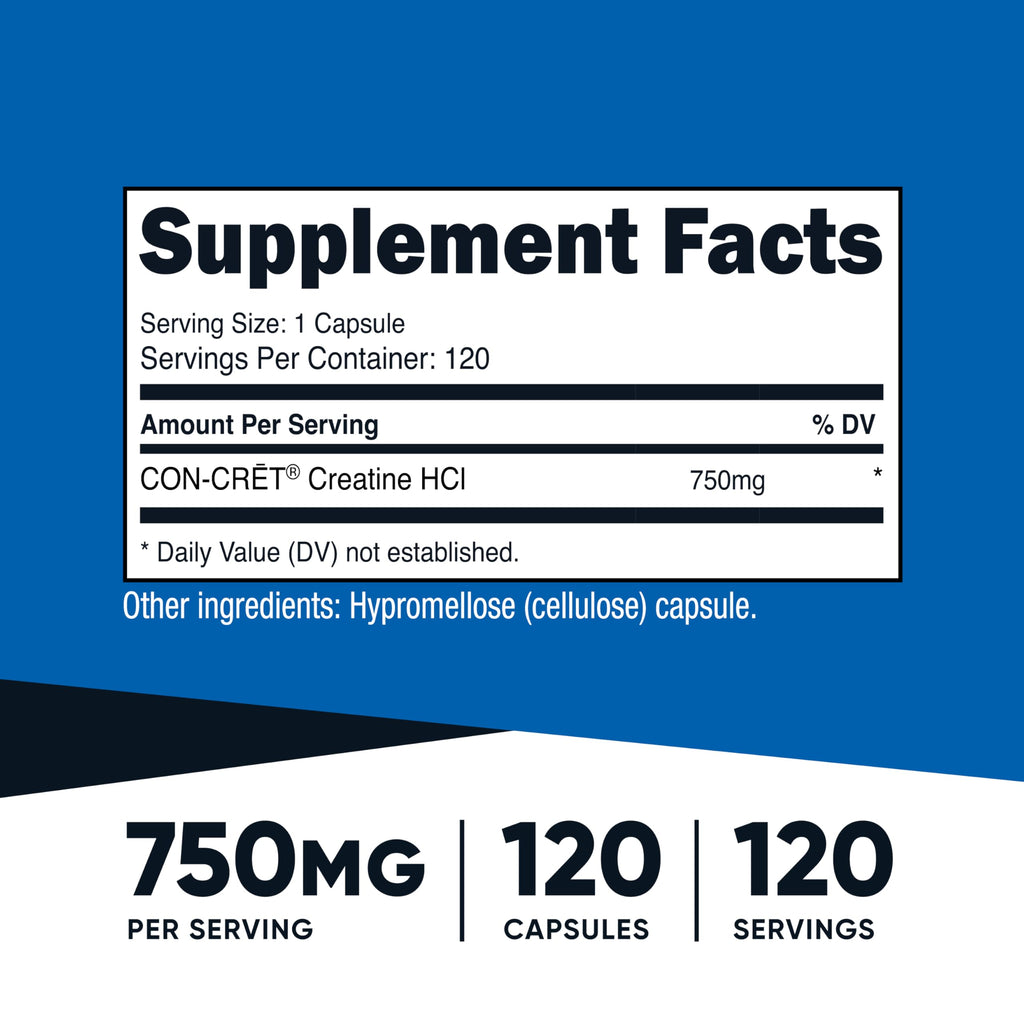 Nutricost Creatine HCl 120 Capsules - Made with CON-CRET Creatine, 750 MG Per Capsule Nutricost Au supplements