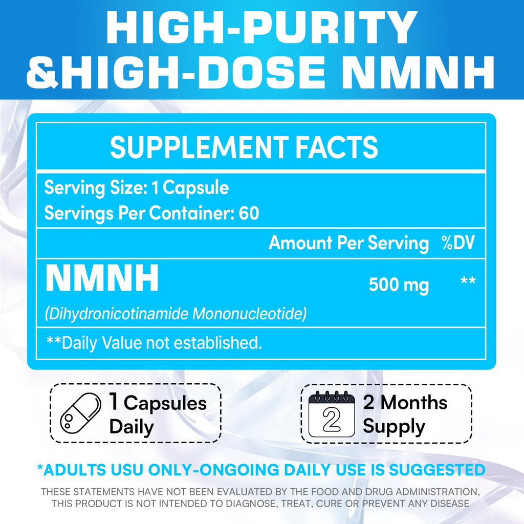 Kaumipor NMNH (Dihydronicotinamide Mononucleotide) NMN Alternative Supplement, 500 mg Per Serving NAD Supplement to Boost NAD+ Levels, for Anti Aging, Energy, Immunity, Focus, 60 Vegan Capsules Kaumipor Au supplements