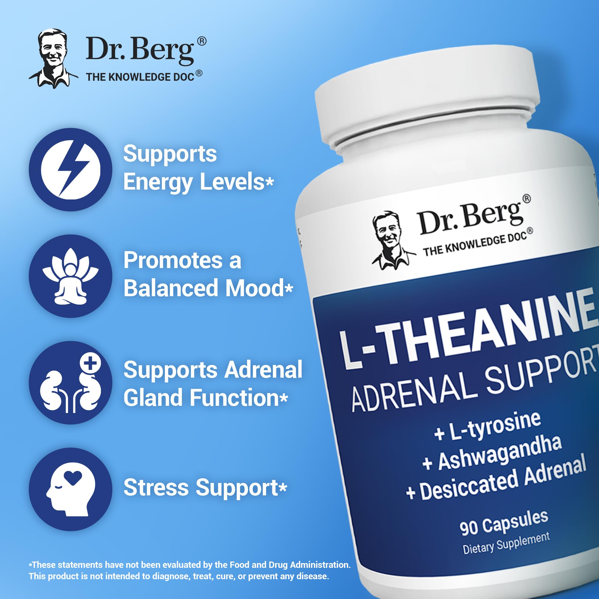 Dr. Berg L-Theanine 200mg - Includes Zinc, Copper, L-Tyrosine, & Ashwagandha – L-Theanine Supplement Adrenal Support - for Relaxation, Stress Relief, and Mental Clarity* – 90 Gelatin Capsules Dr. Berg Nutritionals Au supplements