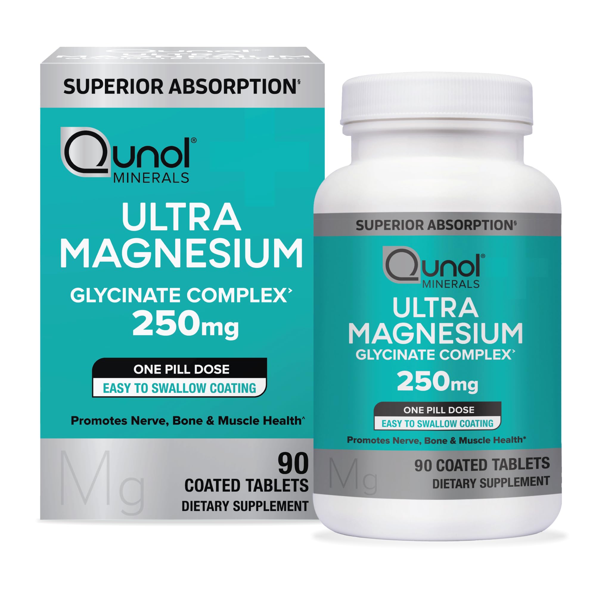 Qunol Magnesium Glycinate Complex, Gentle on Stomach, 250mg One Pill Dose, Superior-Absorption Magnesium, Nerve,