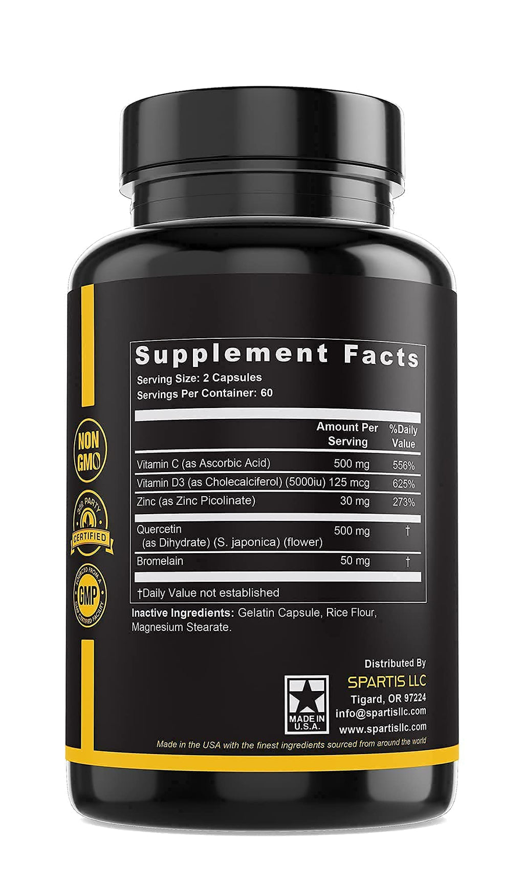 Zinc Quercetin 500mg with Vitamin C Vitamin D3 Bromelain Immune Support High Potency Quercetin Zinc Supplement ZQV by SPARTIS (Pack of 1 Bottle at 120-Caps)
