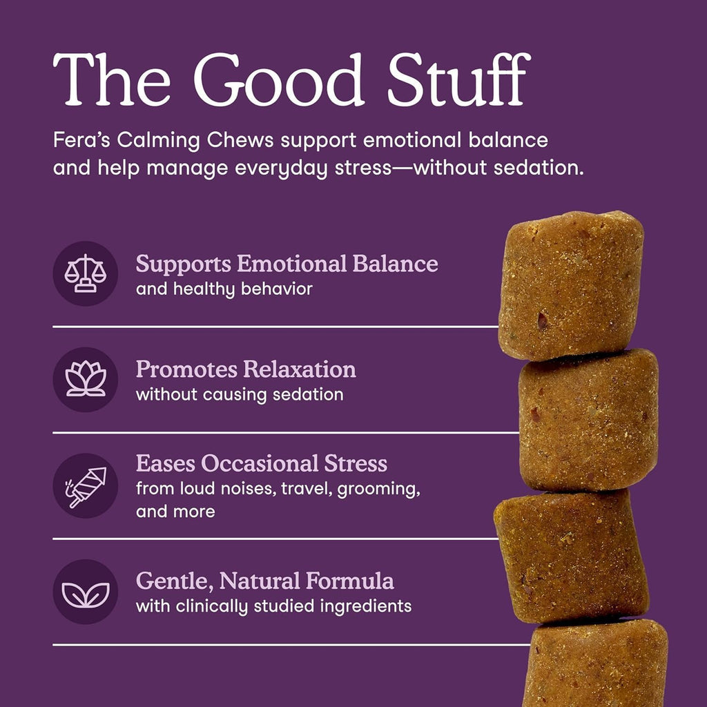Fera Pets Dog Calming Chews - Helps Manage Everyday Stress & Separation - Promotes Relaxation - Ashwagandha & Priome® Mental Wellbeing Postbiotic Blend - 30 Soft Chews Fera Pets Au supplements