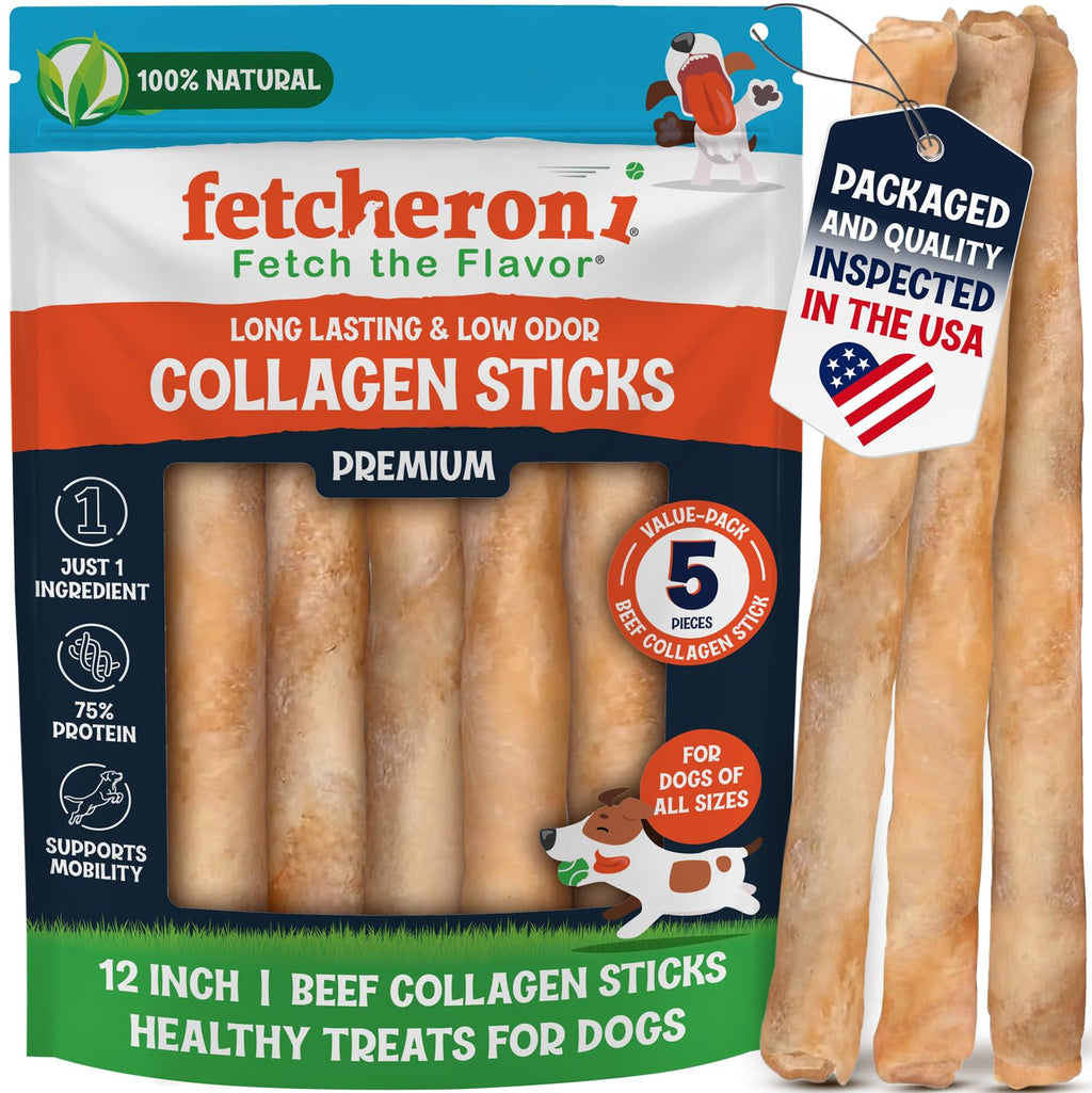 FETCHERONI 12" Collagen Sticks for Dogs – Low Odor Long-Lasting Bully Stick & Rawhide Alternative, Single Ingredient Beef Bone, High Protein Dental Treat, Vet Approved, Improves Joint Health – 5 Pack FETCHERONI Au supplements