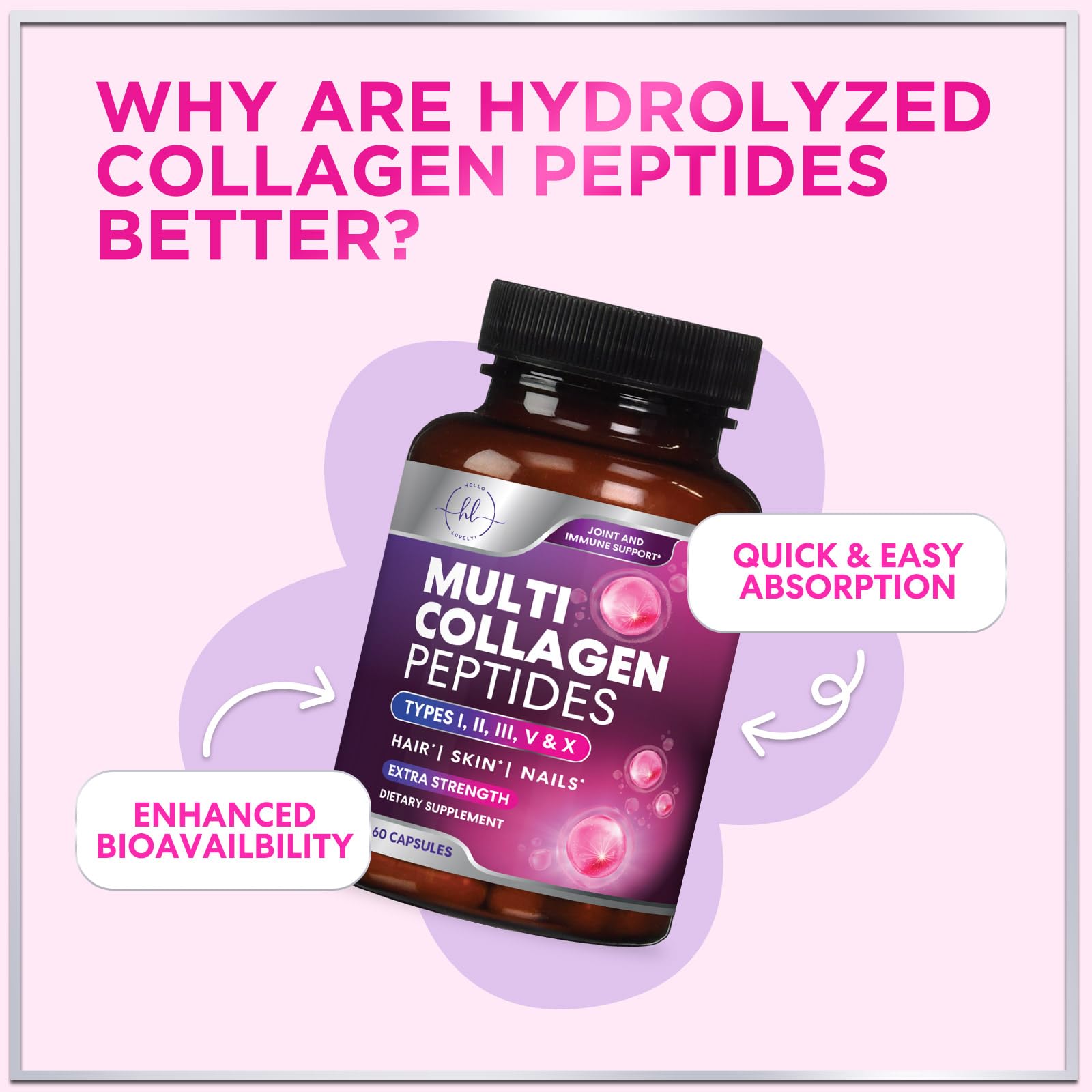 Multi Collagen Supplement 2400 mg - Types I, II, III, V & X Multi Collagen Peptides Pills for Women & Men, Hydrolyzed Collagen Supplements, Hair, Skin, Nail, & Joint Support Supplement, 60 Capsules Hello Lovely! Au supplements