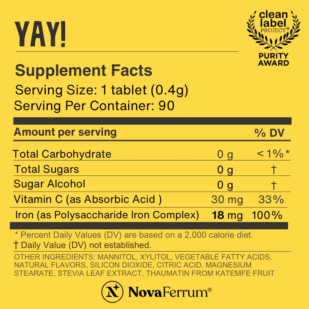 NovaFerrum Yay | Chewable Iron Supplement for Kids & Adults Ages 4 and Over | 18mg of Iron | 90 Servings | Sugar Free