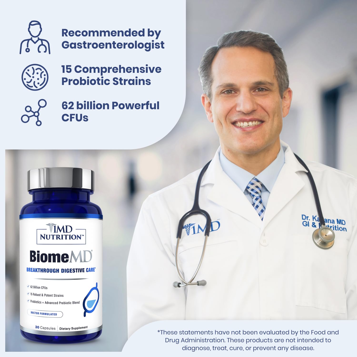 1MD Nutrition BiomeMD Probiotics | 62 Billion CFUs, 15 Comprehensive Strains - Pro & Prebiotics | Doctor-Formulated for Digestive Health & Immune Support | 30 Capsules 1MD Nutrition Au supplements