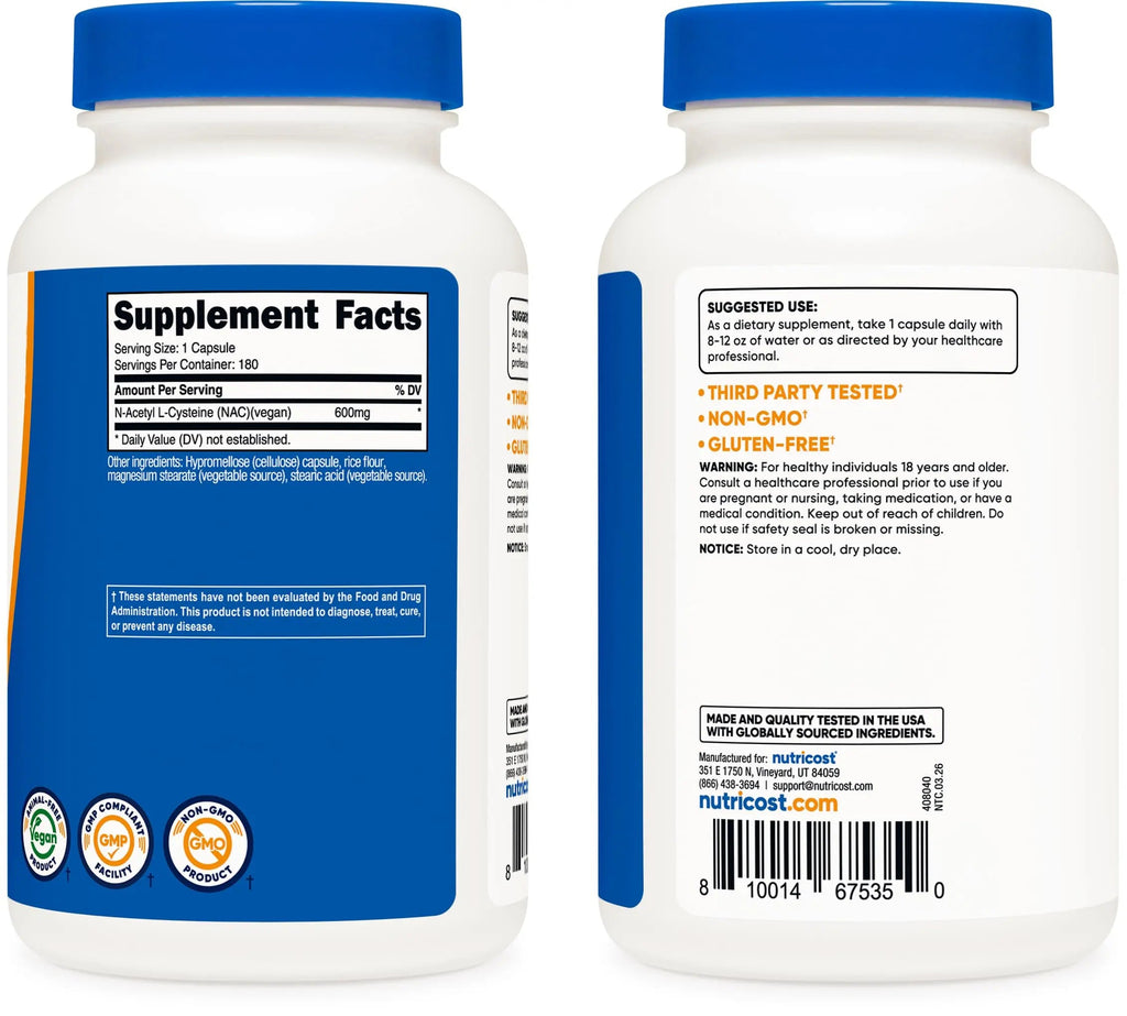 Nutricost N-Acetyl L-Cysteine (NAC) 600mg, 180 Capsules - Non-GMO, Gluten Free Nutricost Au supplements