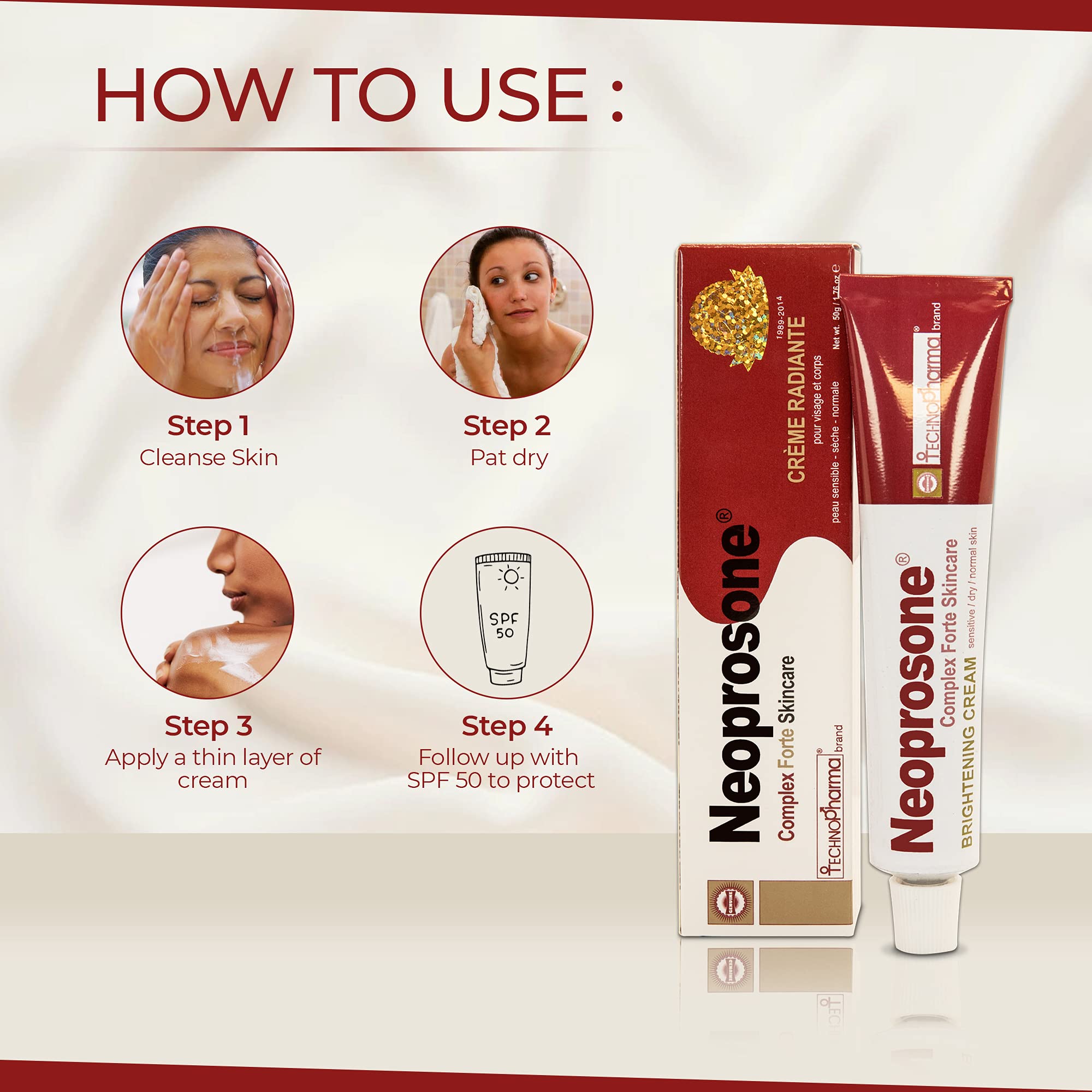 Neoprosone, Skin Brightening Cream | 1.7 Fl oz / 50 ml | Fade Dark Spots on: Face, Elbows