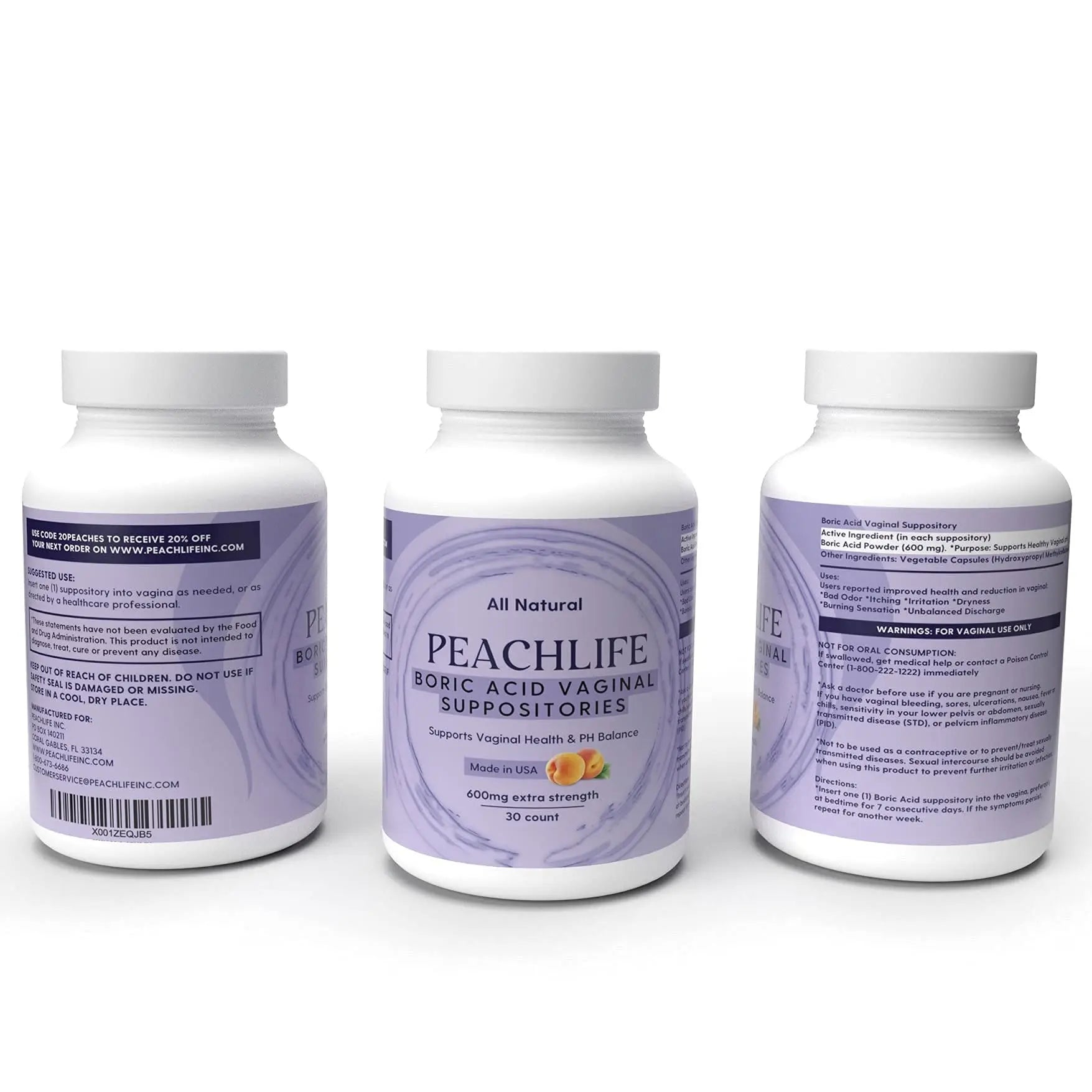 Peachlife Boric Acid Suppositories in Vegetable Capsules - USA Made - Vaginal pH Peachlife Au supplements