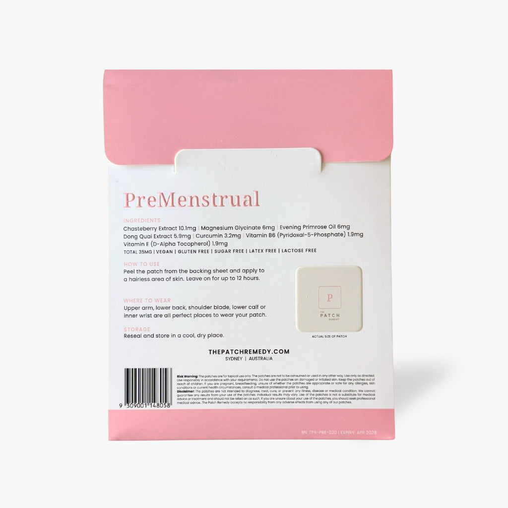 The Patch Remedy Pre Menstrual Patch | Chasteberry, Magnesium, Evening Primrose, Dong Quai, B6 & Vitamin E | 30 Patches The Patch Remedy Au supplements