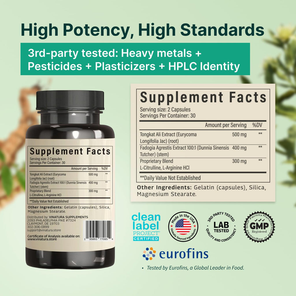 Tongkat Ali Fadogia Agrestis - 1200mg, Enhanced with Nitric Oxide Booster Supplement, Longjack Tongkat Ali for Men,
