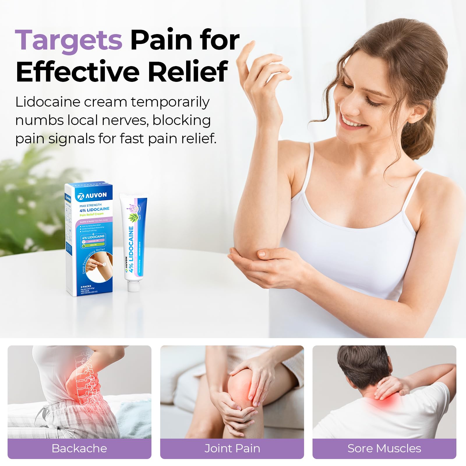 AUVON Max Strength Lidocaine Pain Relief Cream with Lavender & Aloe Vera, Numbing Cream for Minor Arthritis Pain, Soothing Muscle for Neck, Shoulder, Hip, Knee, Joint and Back Pain, 2 Oz, 2 Packs AUVON Au supplements